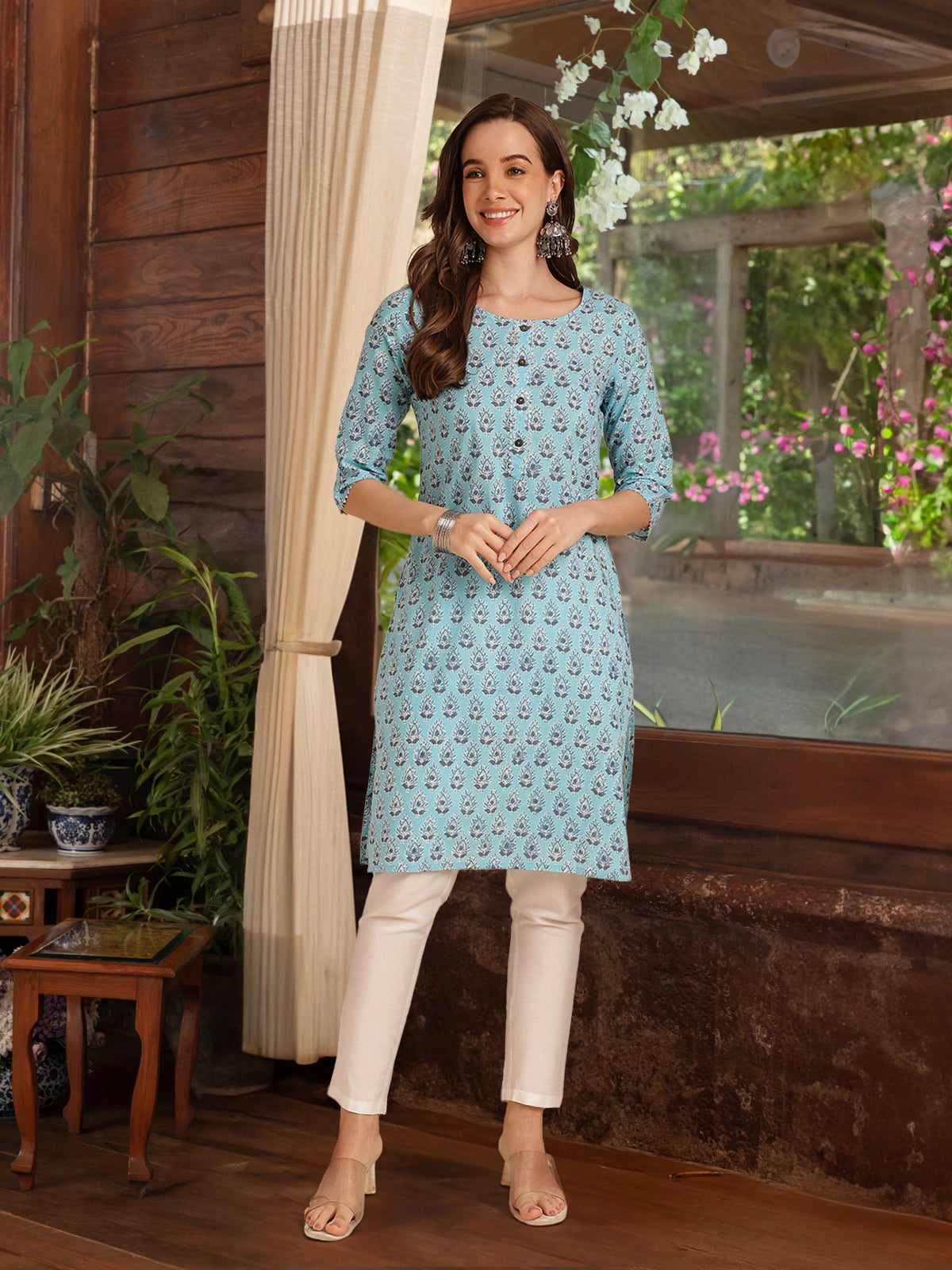 Buy Cotton Printed Knee Length Straight Kurta-Light Blue