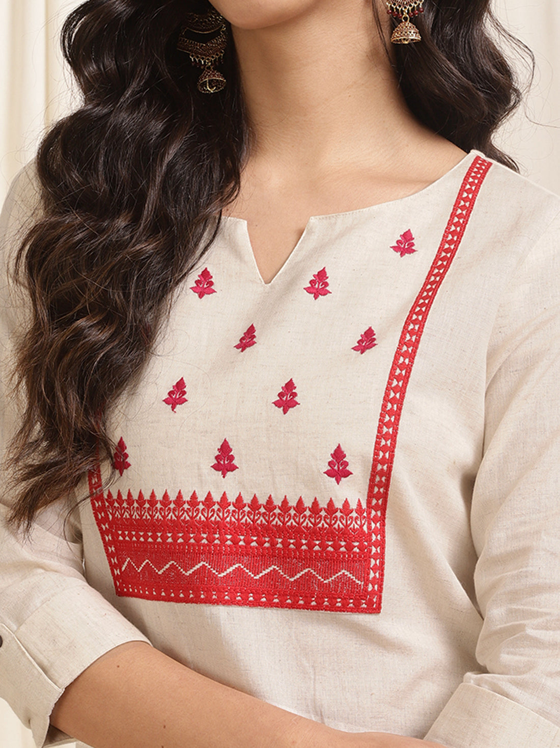 Buy Cotton Flex Embroidered Calf Length Straight Kurta-Off White