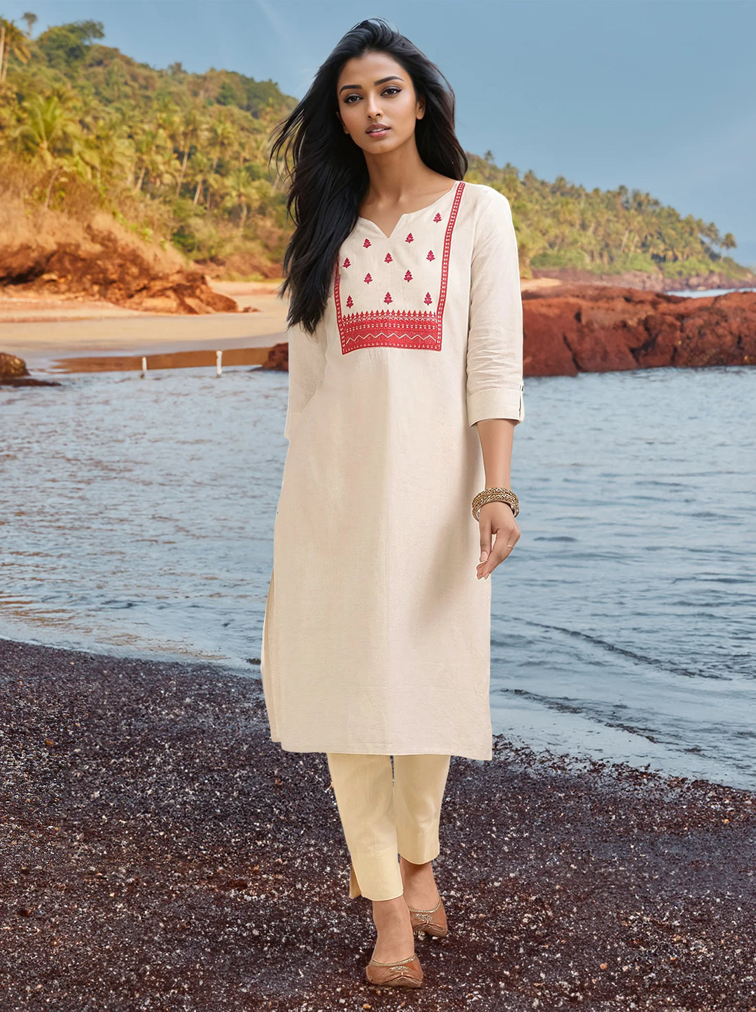 Buy Cotton Flex Embroidered Calf Length Straight Kurta-Off White