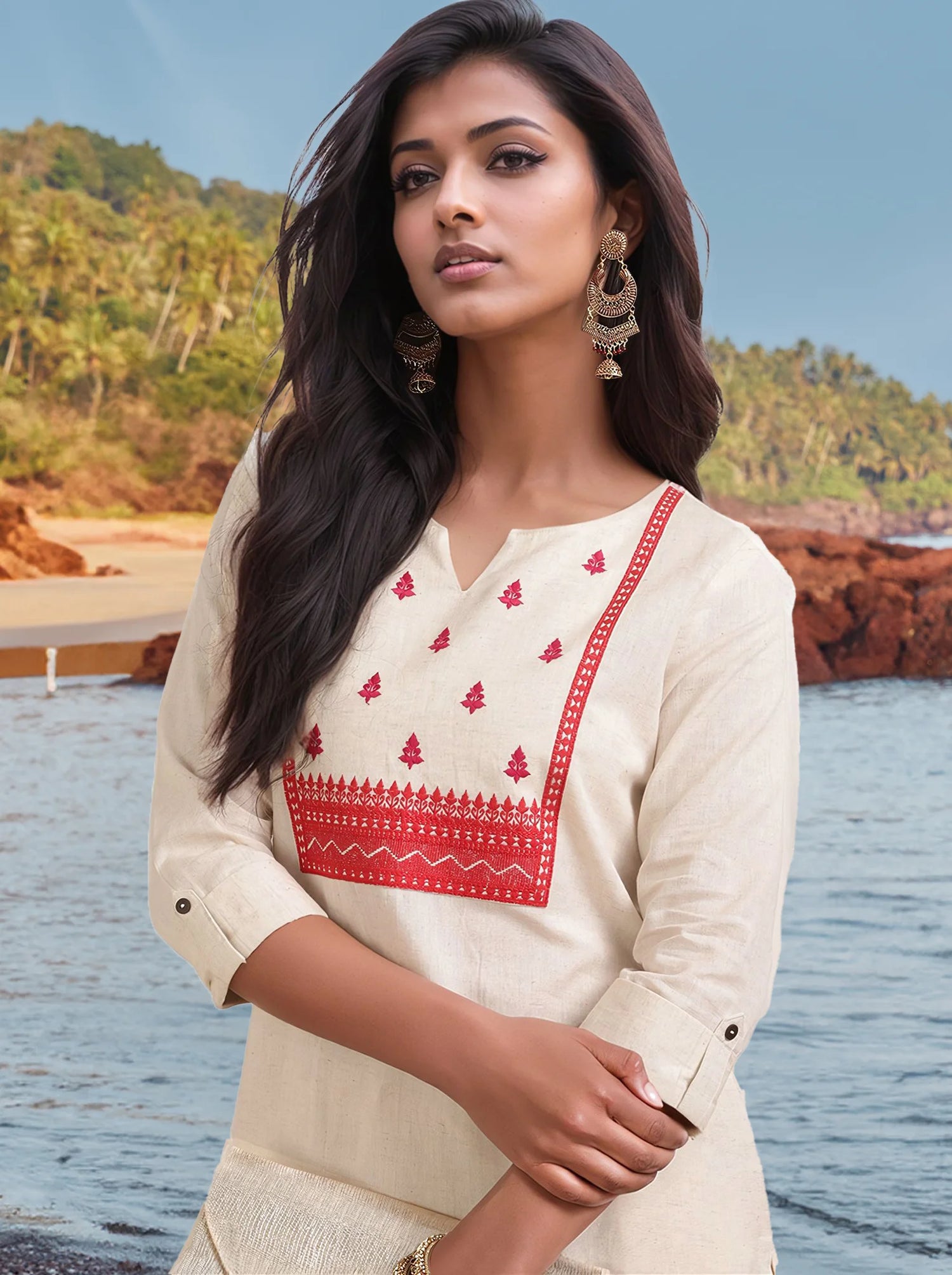 Buy Cotton Flex Embroidered Calf Length Straight Kurta-Off White