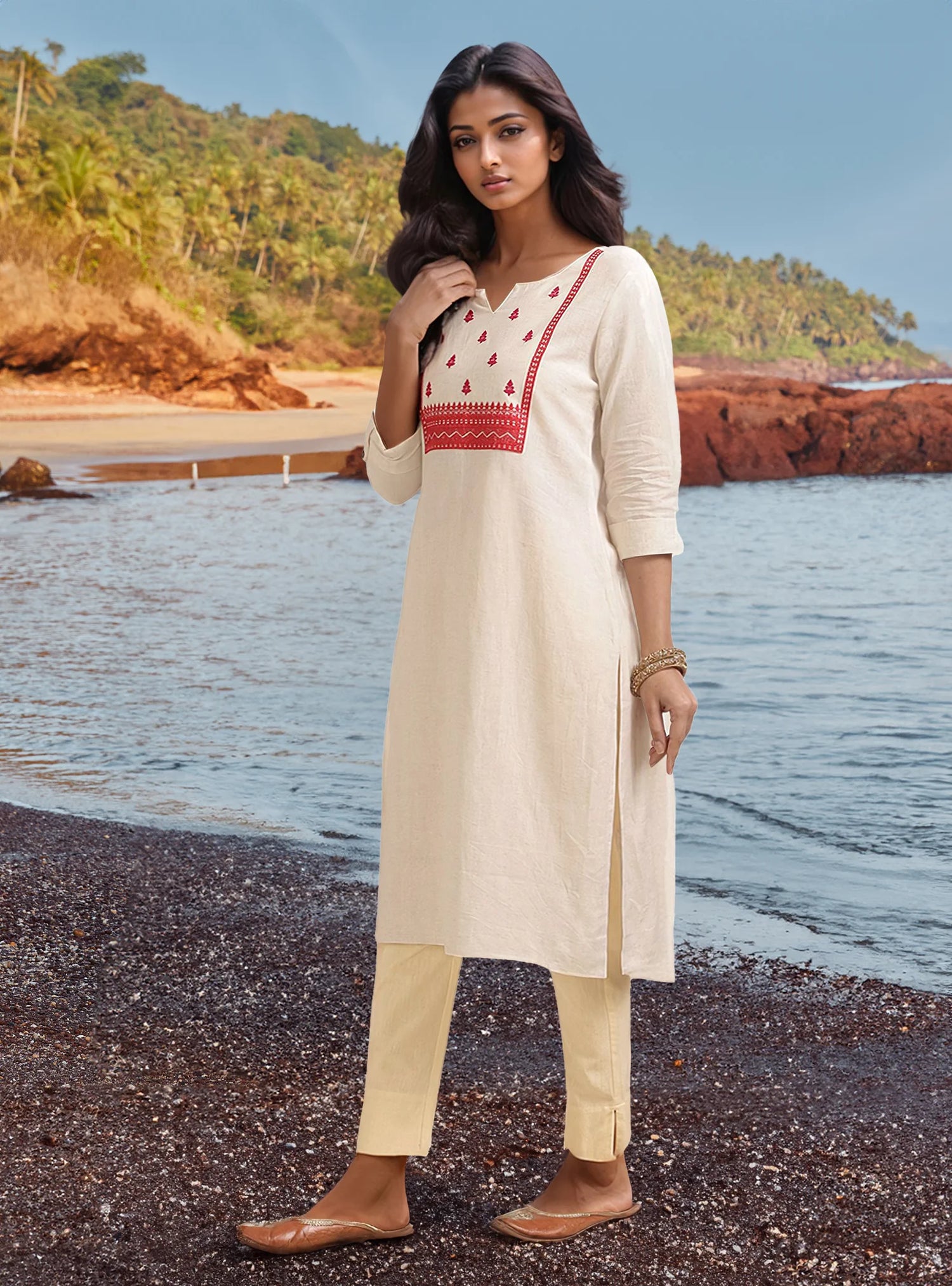 Buy Cotton Flex Embroidered Calf Length Straight Kurta-Off White