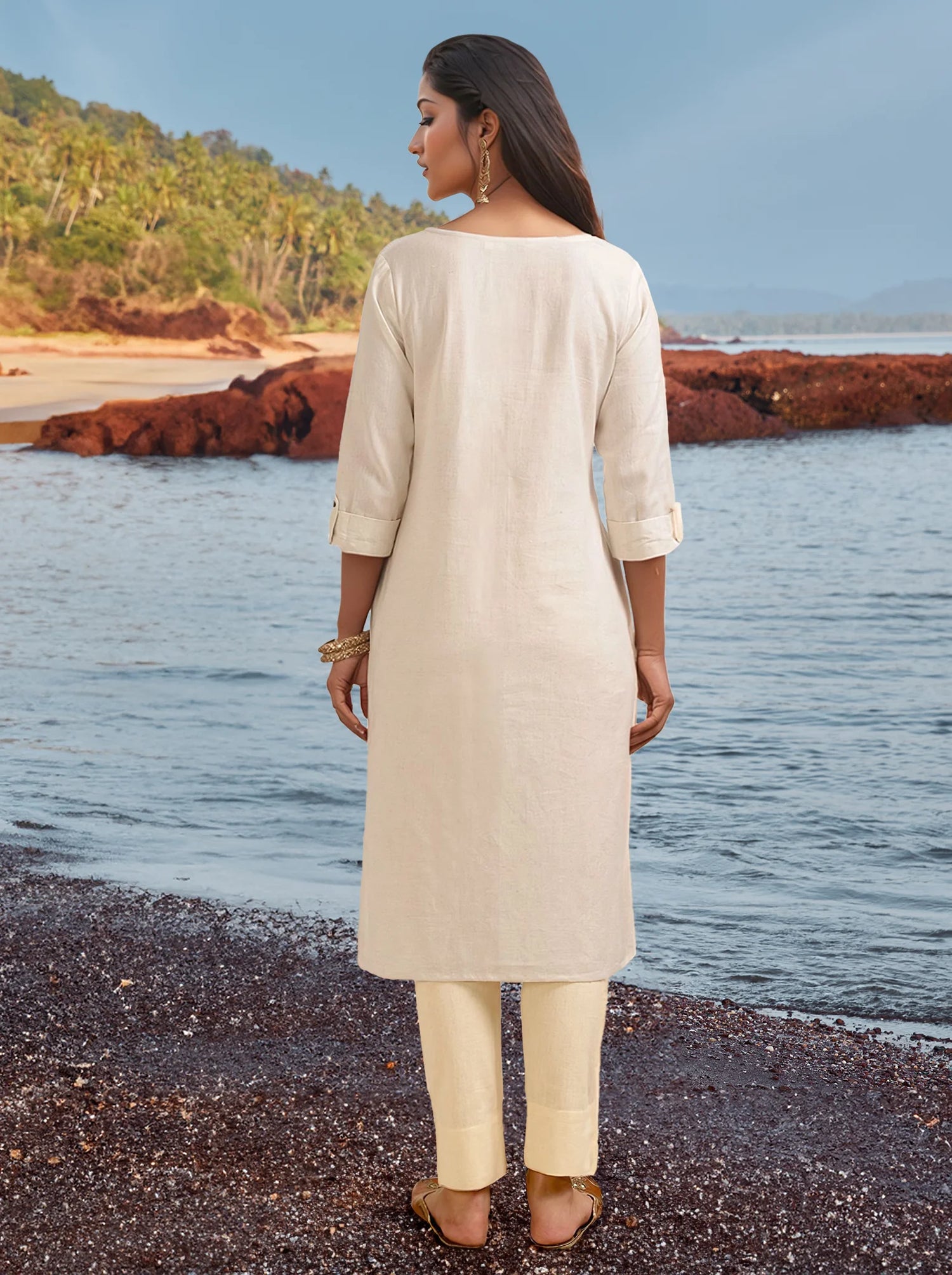 Buy Cotton Flex Embroidered Calf Length Straight Kurta-Off White