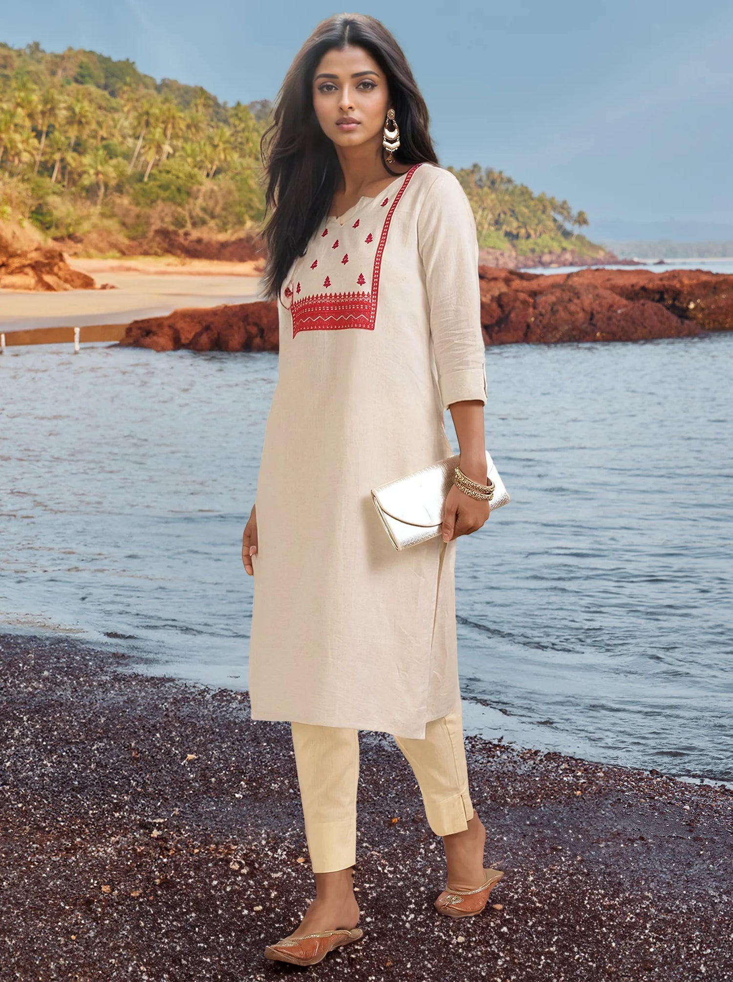 Buy Cotton Flex Embroidered Calf Length Straight Kurta-Off White