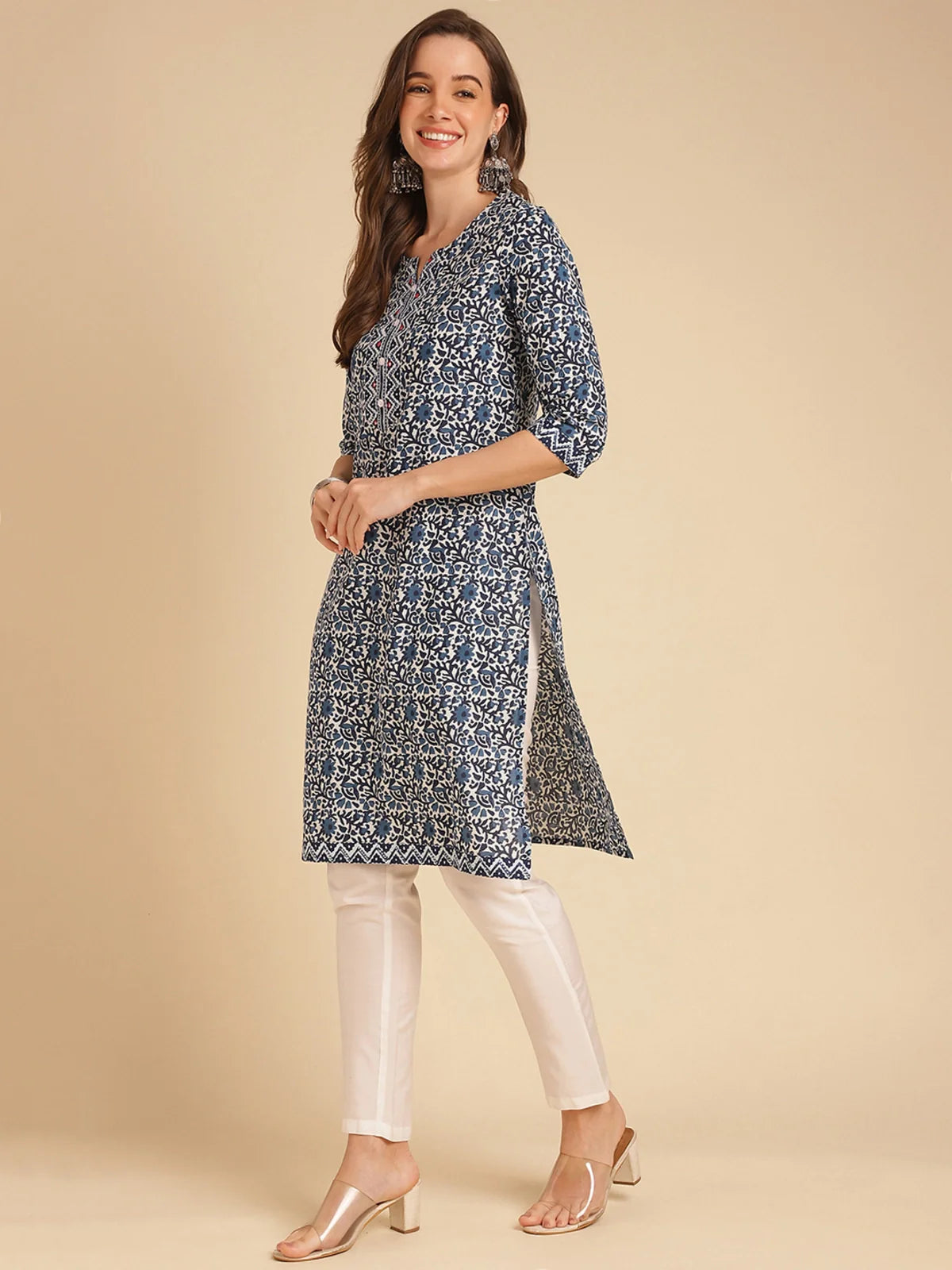 Buy Cotton Mirror Embellished Knee Length Straight Kurta-Blue