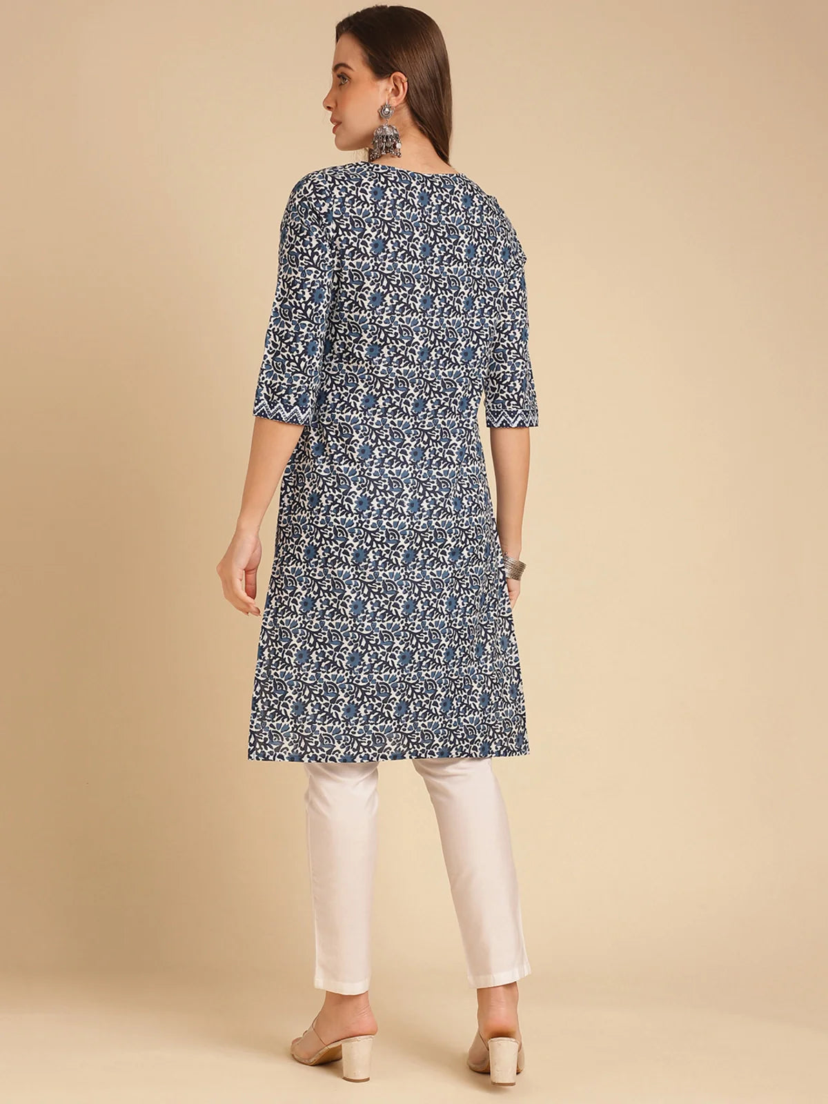 Buy Cotton Mirror Embellished Knee Length Straight Kurta-Blue