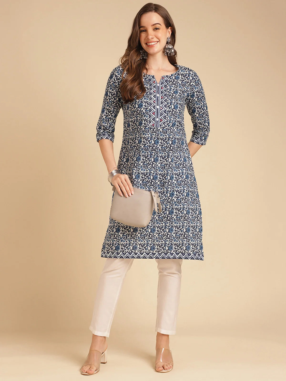 Buy Cotton Mirror Embellished Knee Length Straight Kurta-Blue