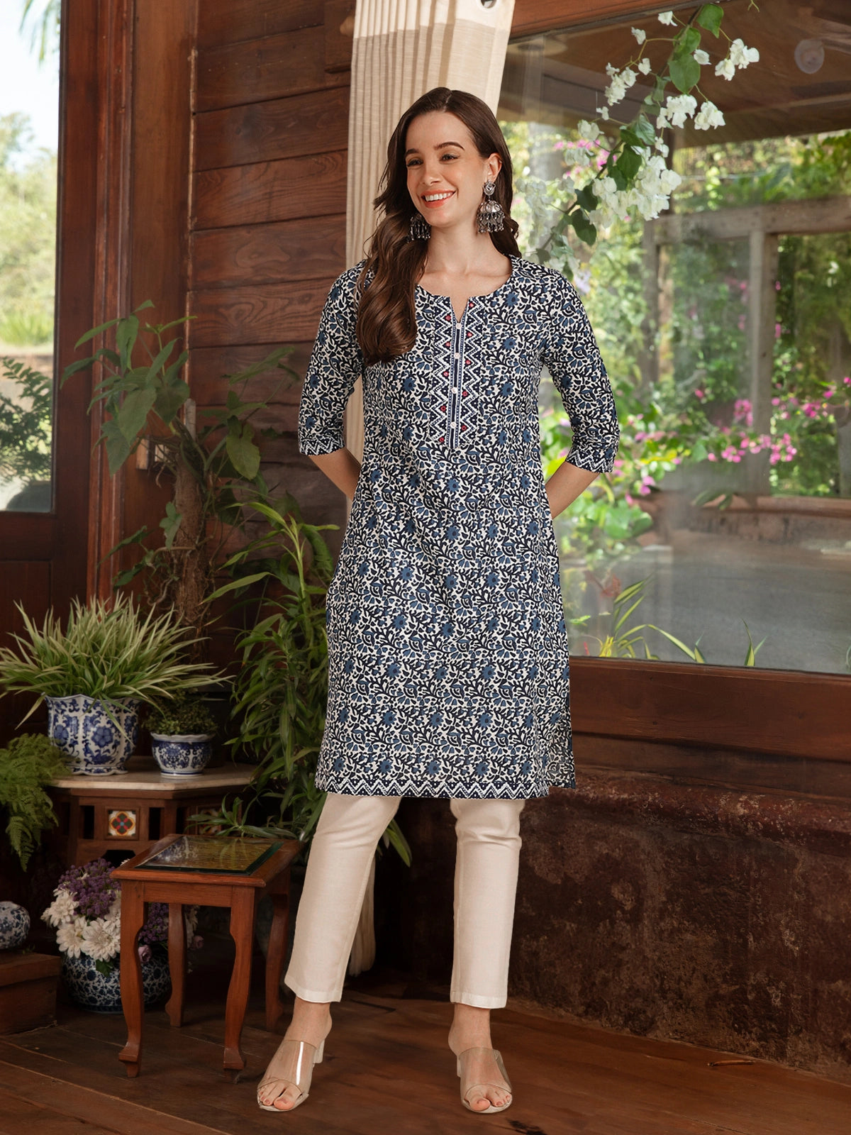 Buy Cotton Mirror Embellished Knee Length Straight Kurta-Blue