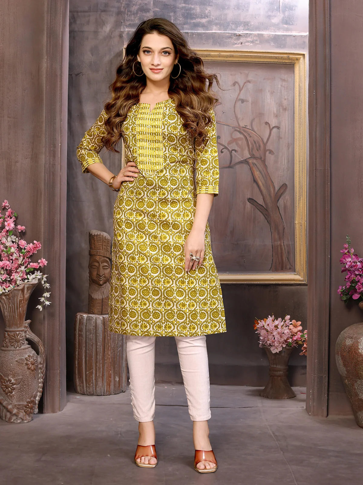 Buy Cotton Printed Knee Length Straight Kurta-Green