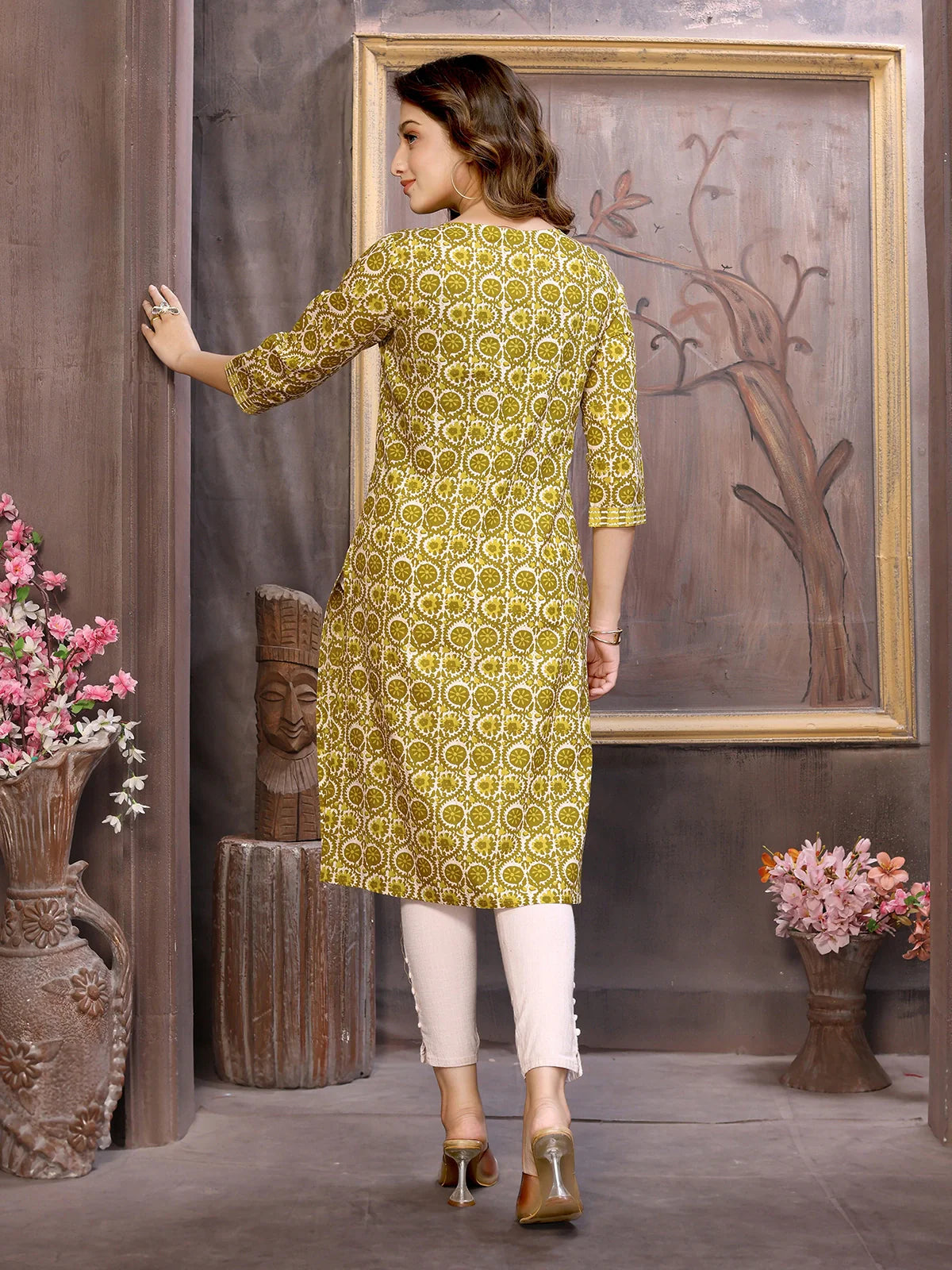 Buy Cotton Printed Knee Length Straight Kurta-Green