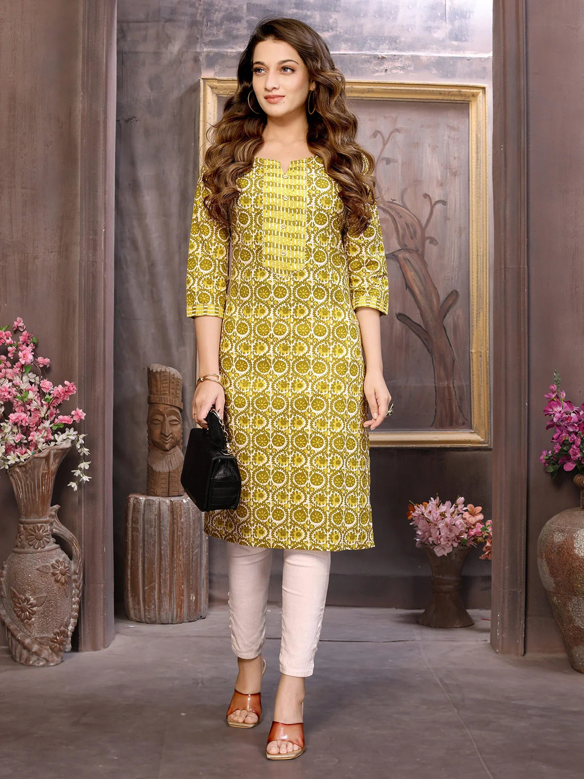 Buy Cotton Printed Knee Length Straight Kurta-Green