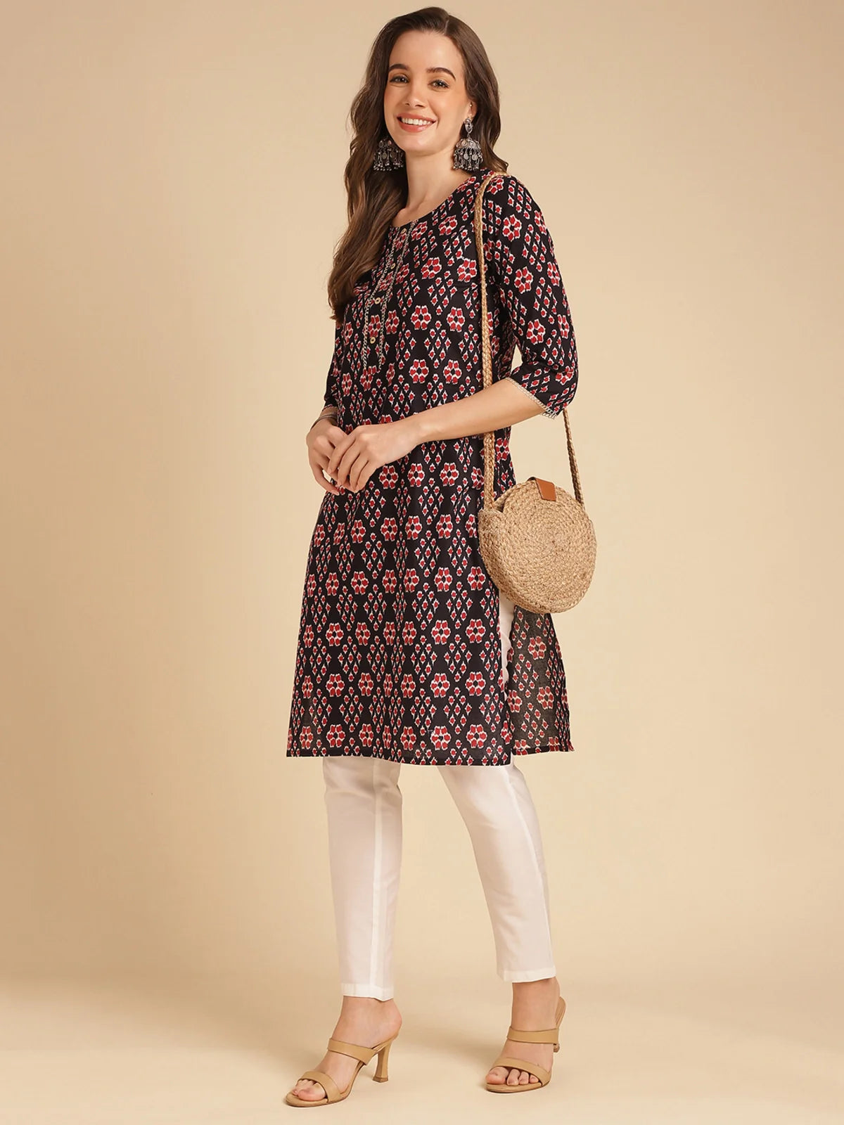 Buy Cotton Ikat Printed Knee Length Straight Kurta-Black