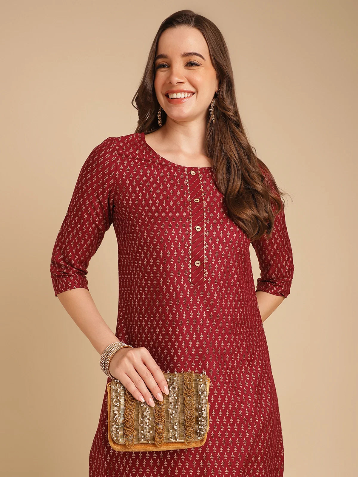 Buy Rayon Printed Knee Length Straight Kurta-Maroon