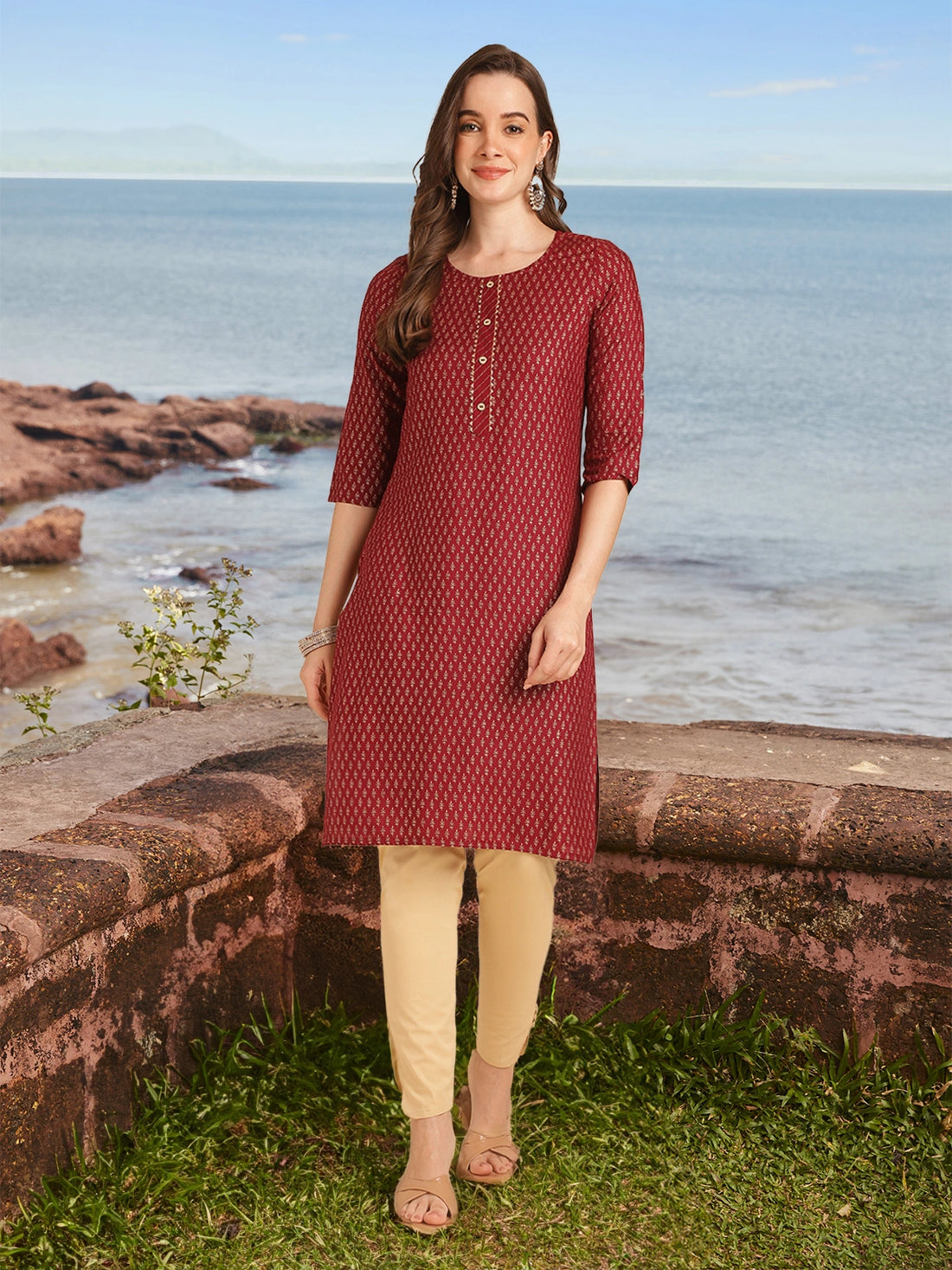 Buy Rayon Printed Knee Length Straight Kurta-Maroon