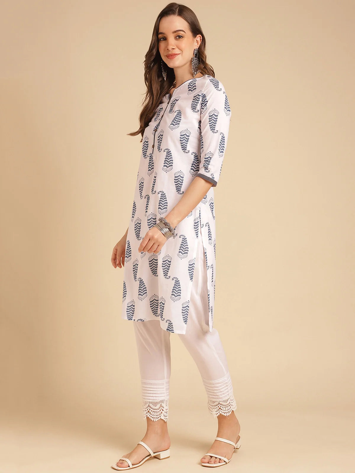 Buy Cotton Printed Knee Length Straight Kurta-White