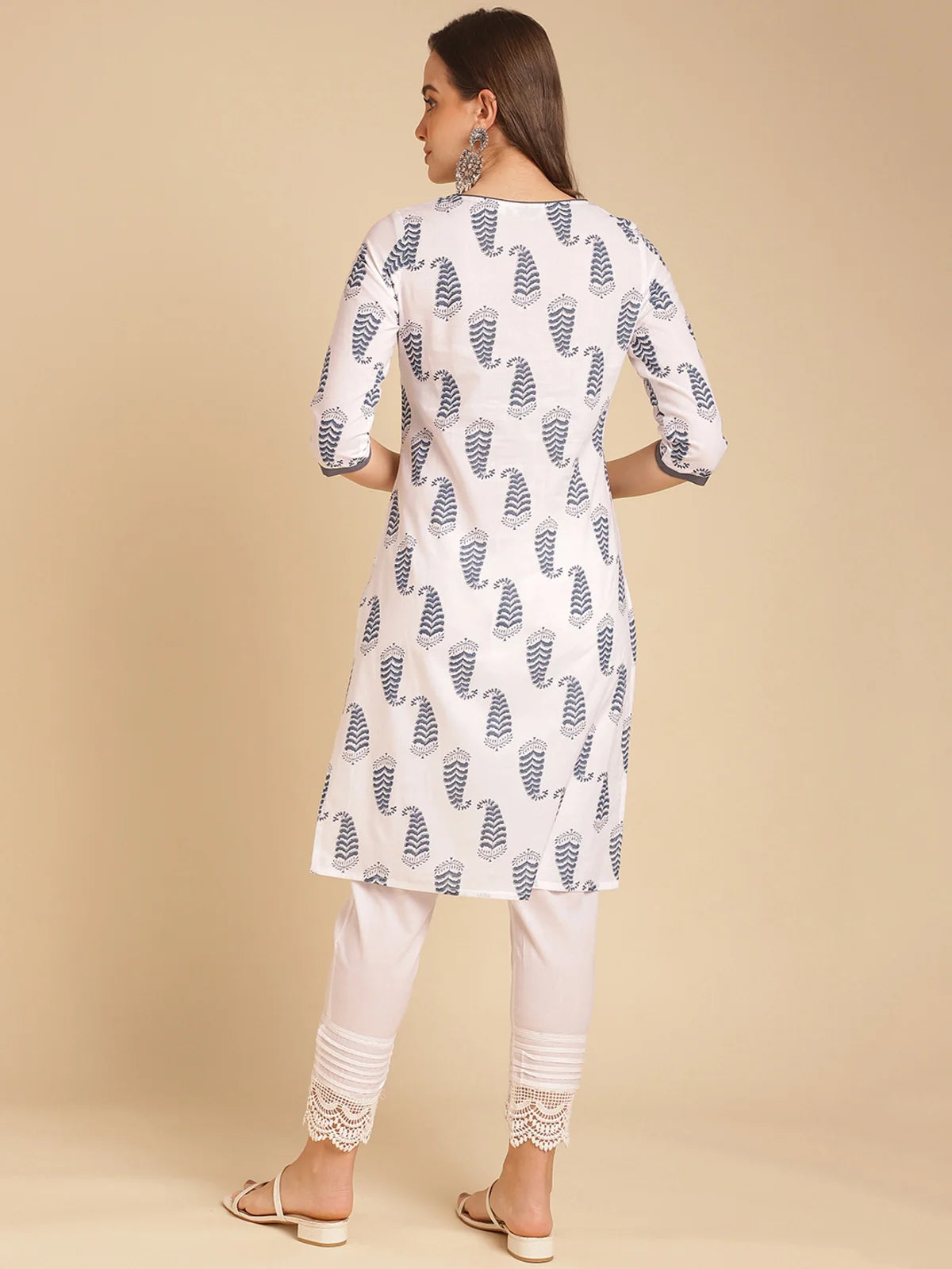 Buy Cotton Printed Knee Length Straight Kurta-White