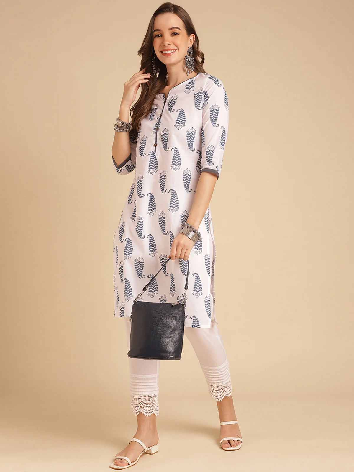 Buy Cotton Printed Knee Length Straight Kurta-White