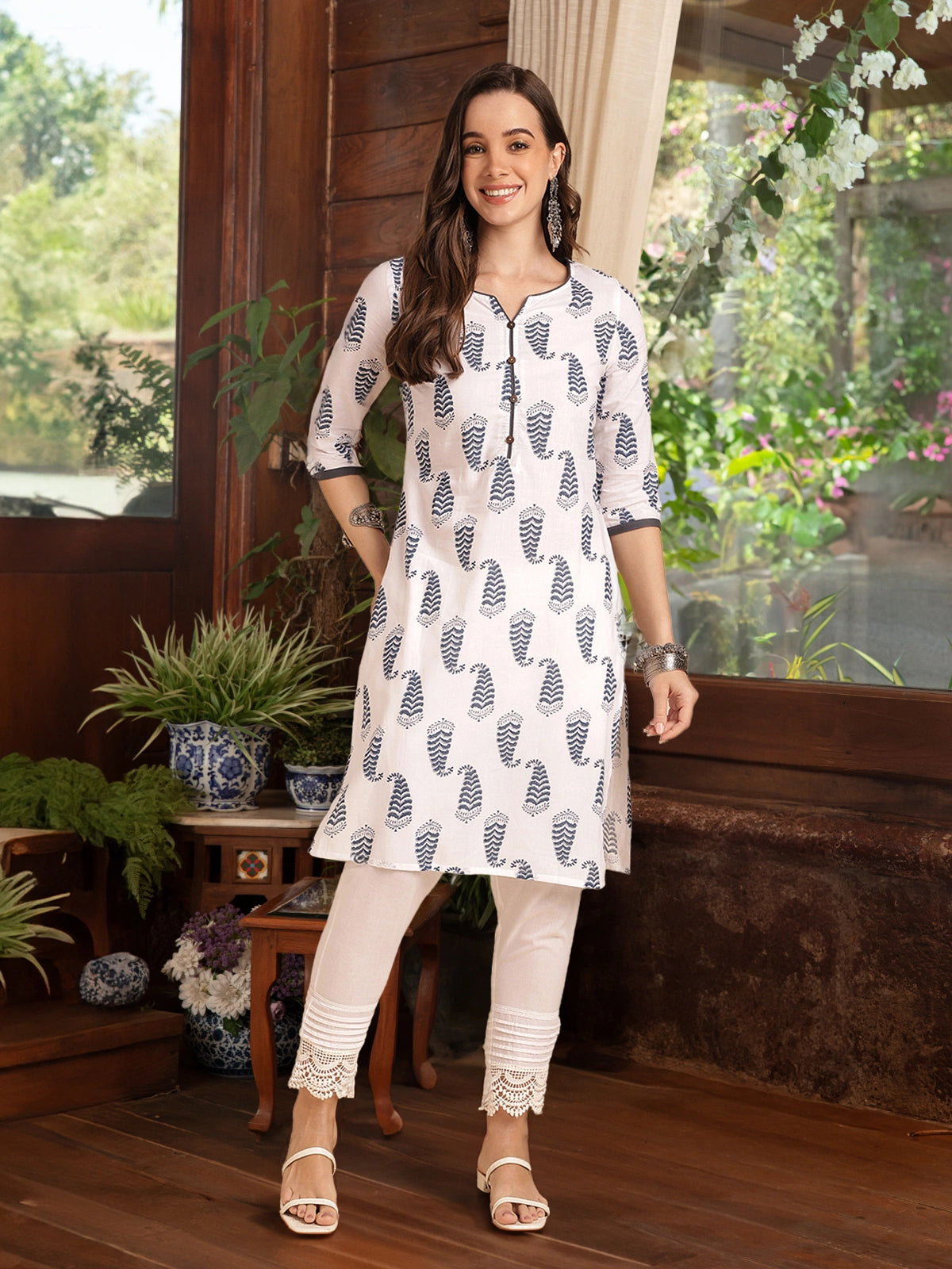 Buy Cotton Printed Knee Length Straight Kurta-White