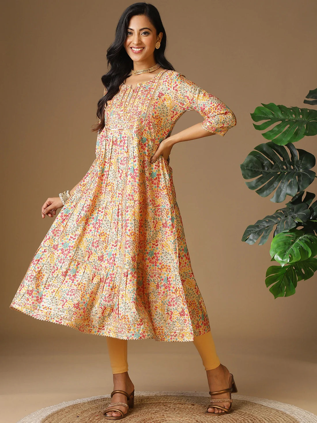 Buy Chanderi Embroidered Tiered Flared Calf Length Kurta-Beige