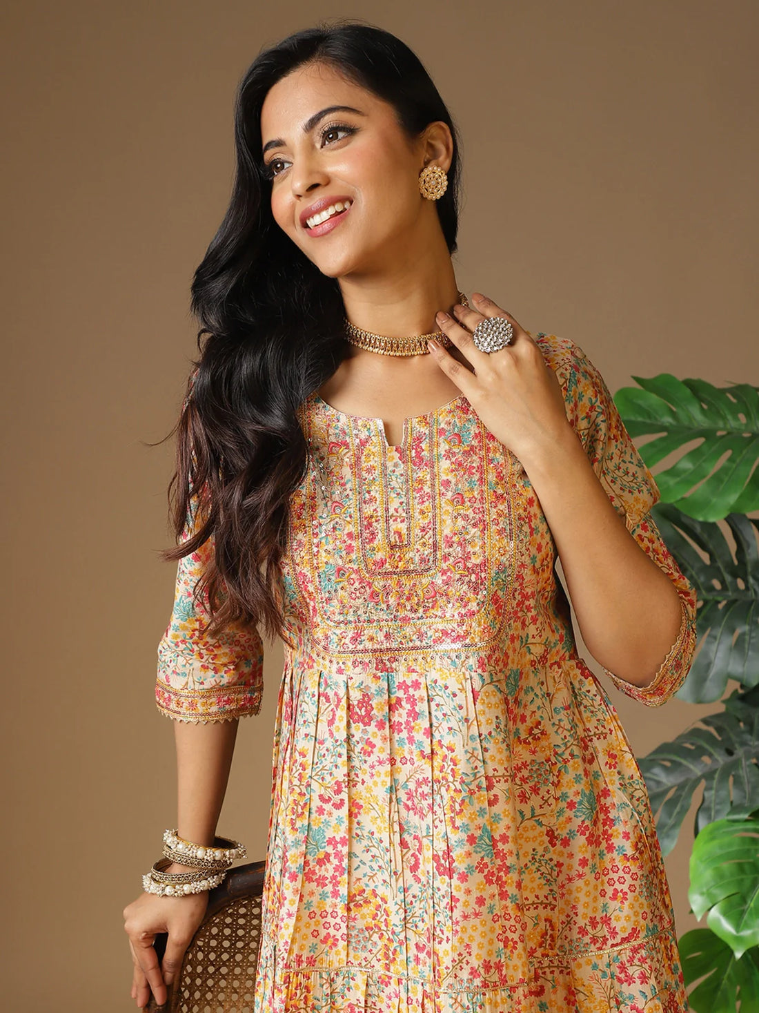 Buy Chanderi Embroidered Tiered Flared Calf Length Kurta-Beige