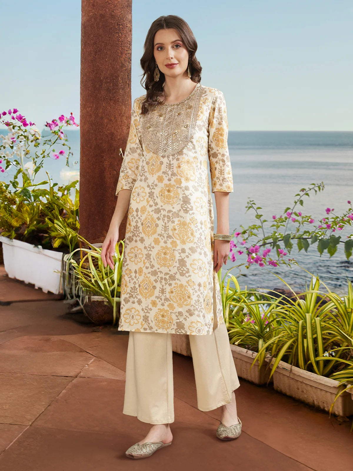 Buy Cotton Embroidered Calf Length Straight Kurta-Yellow