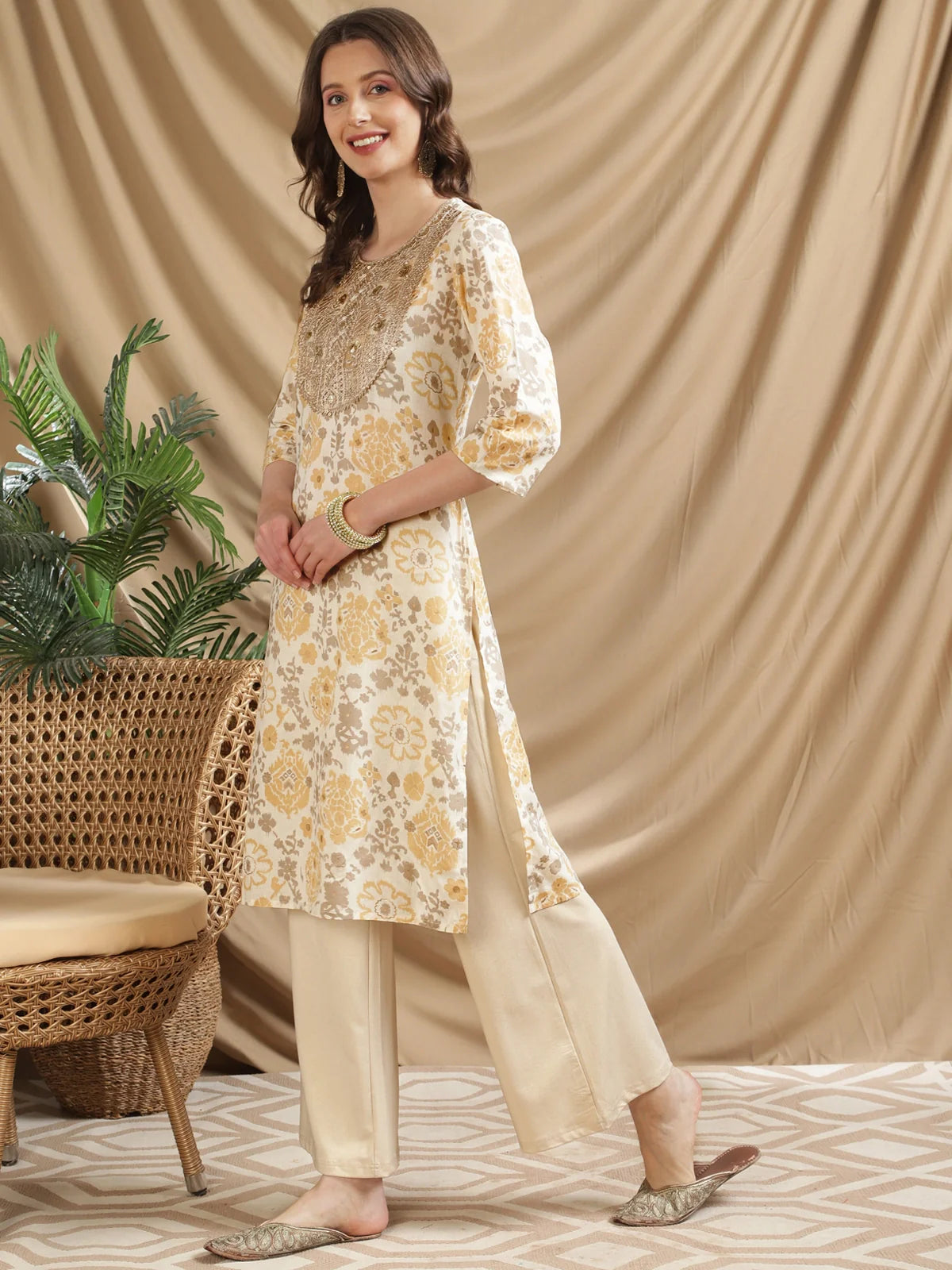 Buy Cotton Embroidered Calf Length Straight Kurta-Yellow