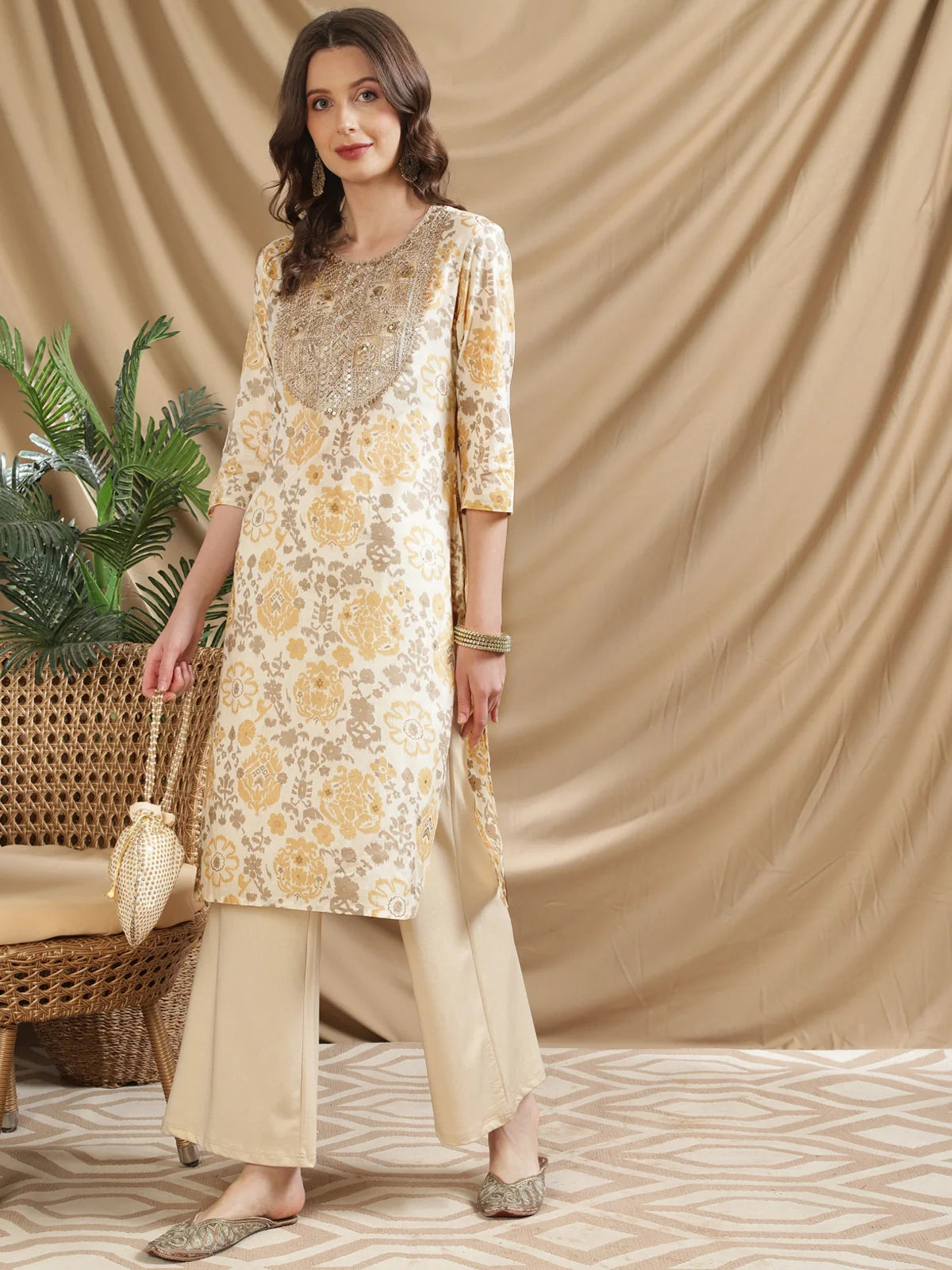 Buy Cotton Embroidered Calf Length Straight Kurta-Yellow