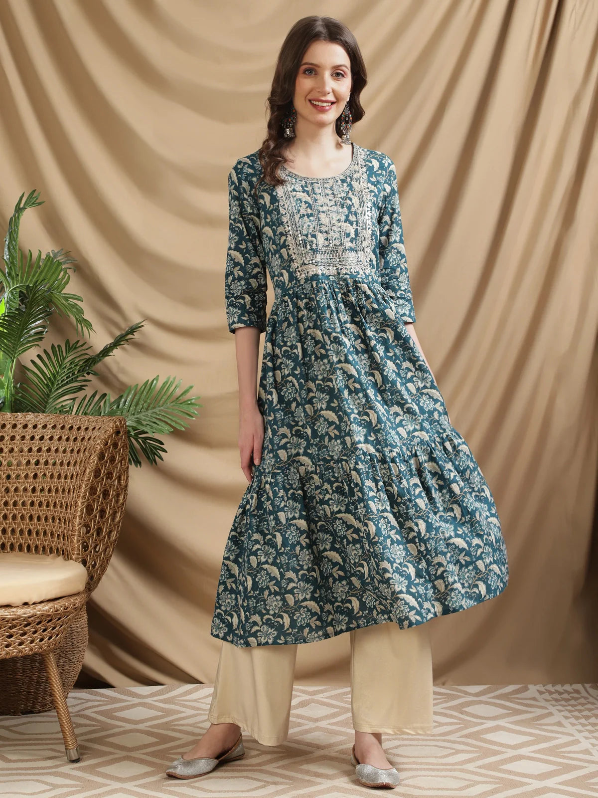 Buy Cotton Embroidered Calf Length Tiered Anarkali Kurta-Teal