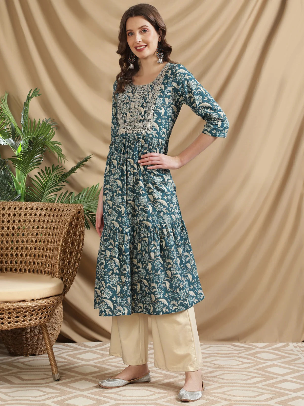 Buy Cotton Embroidered Calf Length Tiered Anarkali Kurta-Teal