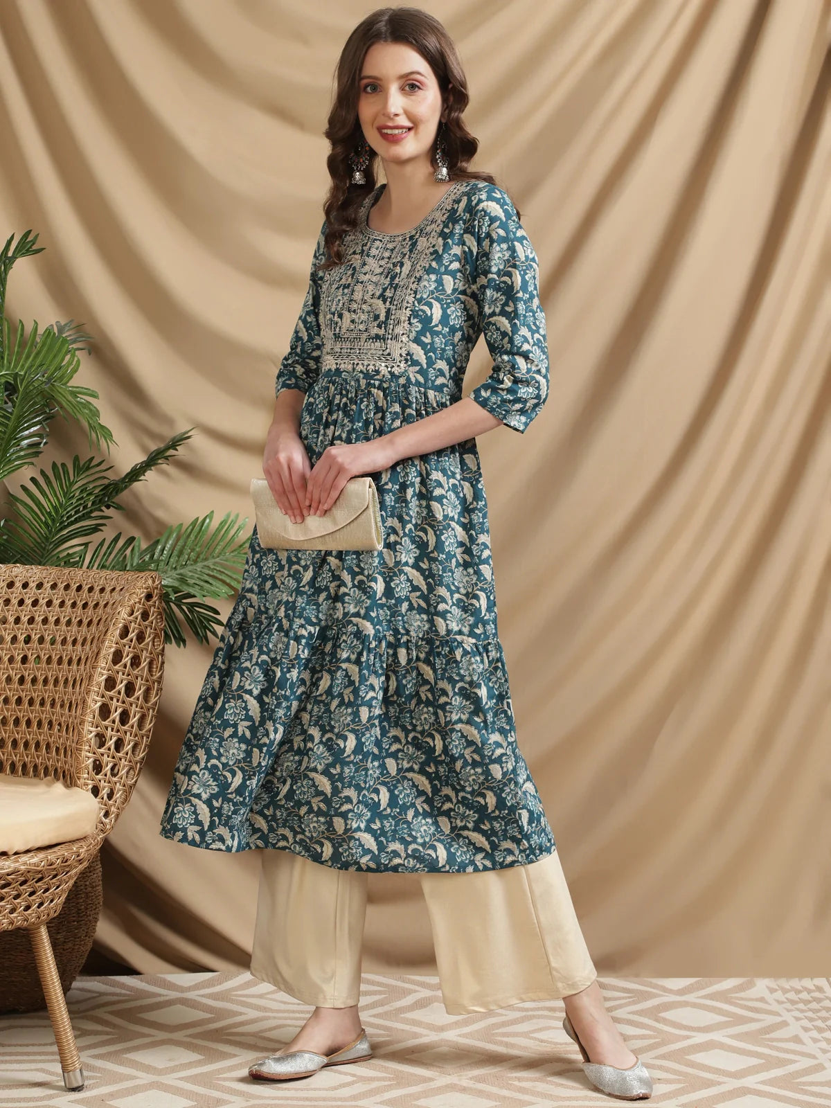 Buy Cotton Embroidered Calf Length Tiered Anarkali Kurta-Teal