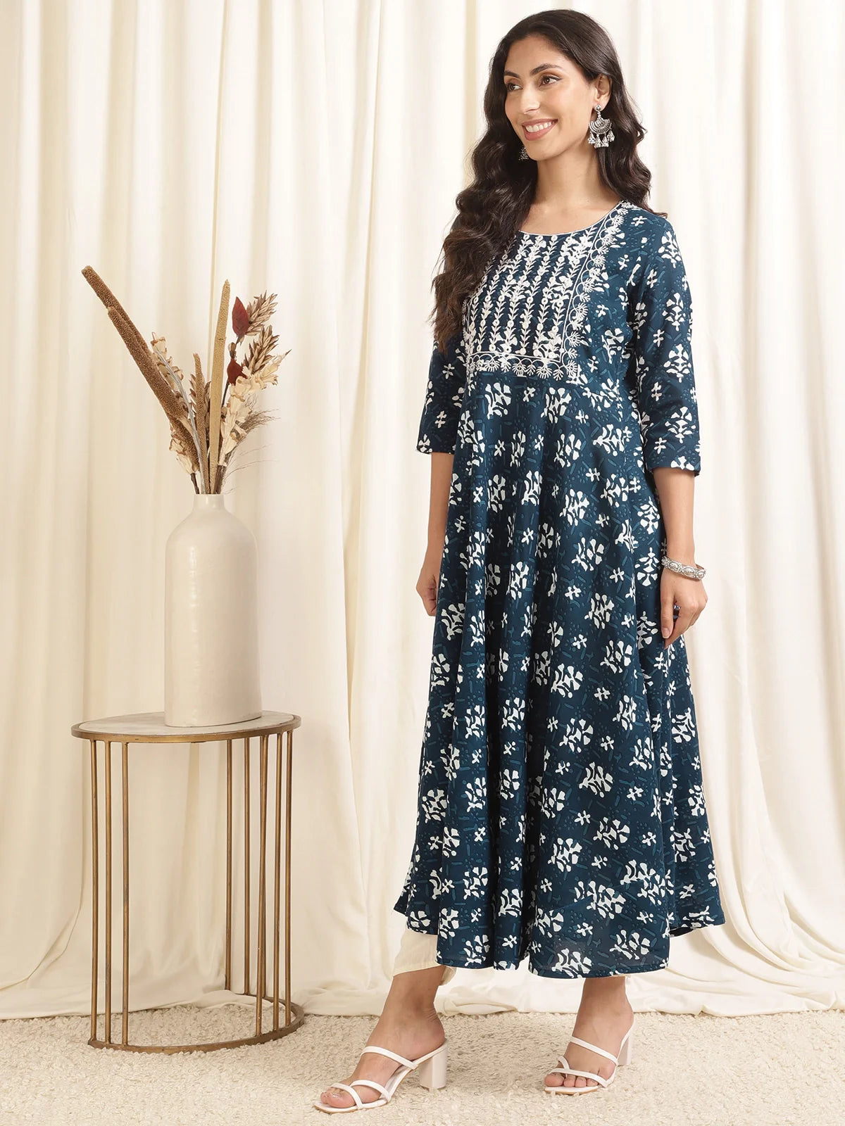 Buy Rayon Embroidered Ankle Length Anarkali Kurta-Blue