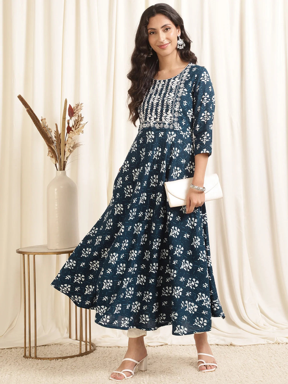 Buy Rayon Embroidered Ankle Length Anarkali Kurta-Blue