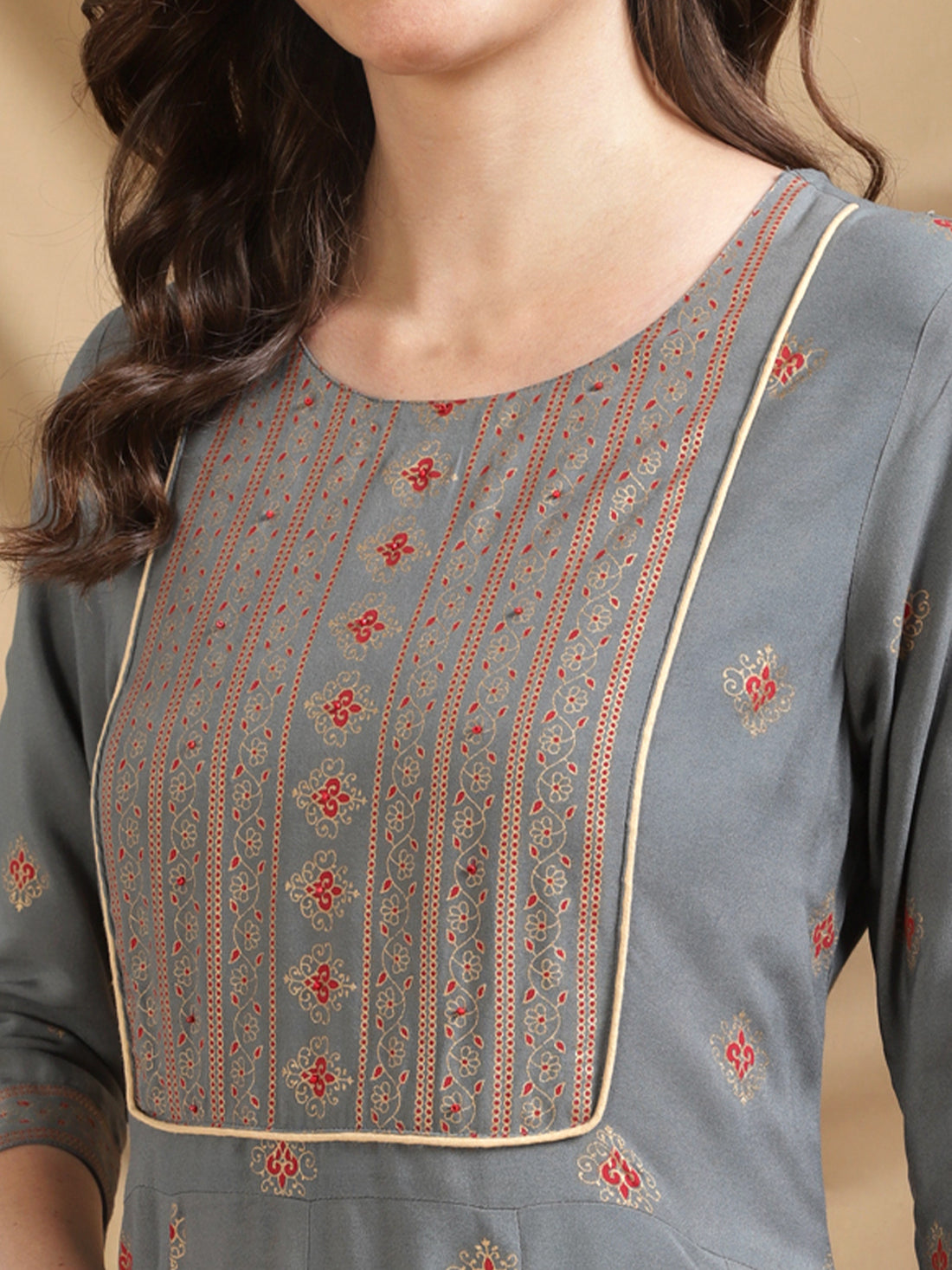 Buy Rayon Printed Calf Length Flared Kurta-Dark Grey