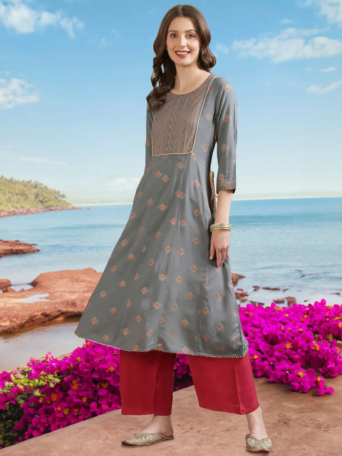 Buy Rayon Printed Calf Length Flared Kurta-Dark Grey