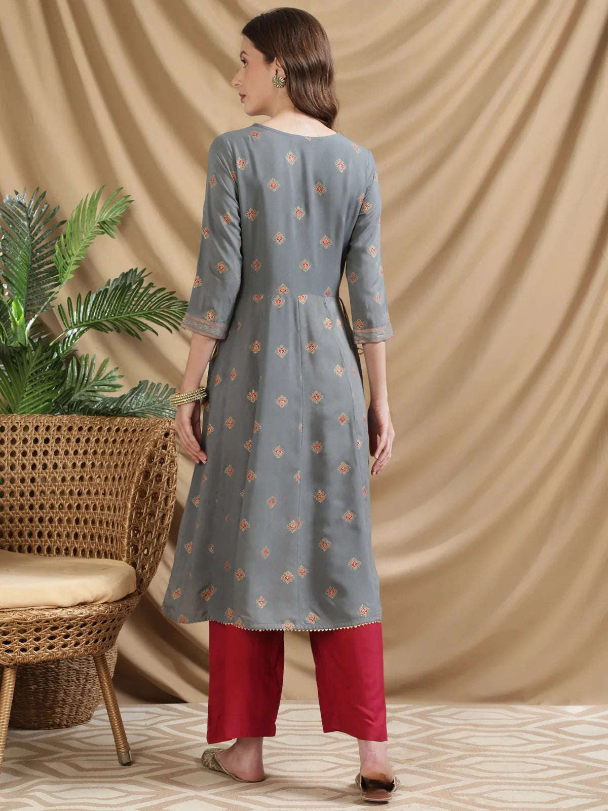 Buy Rayon Printed Calf Length Flared Kurta-Dark Grey