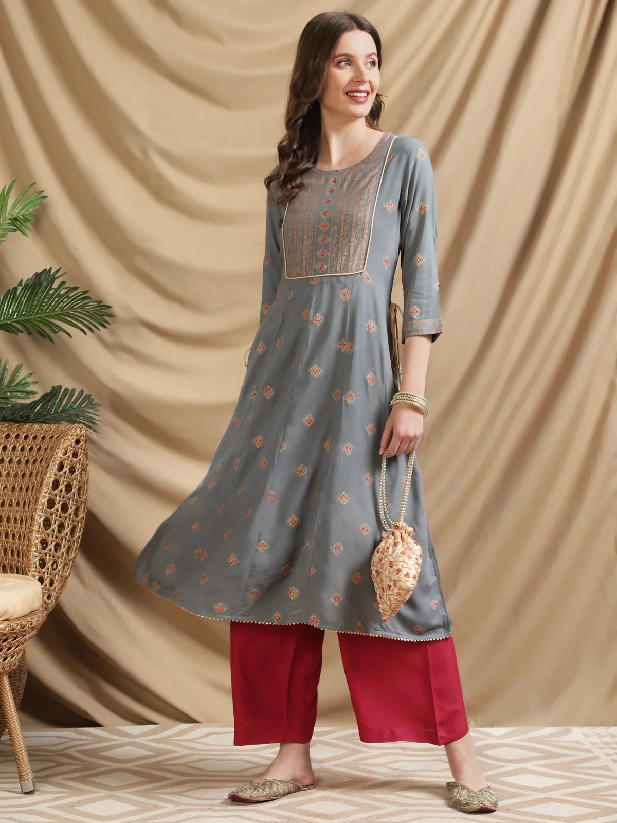 Buy Rayon Printed Calf Length Flared Kurta-Dark Grey