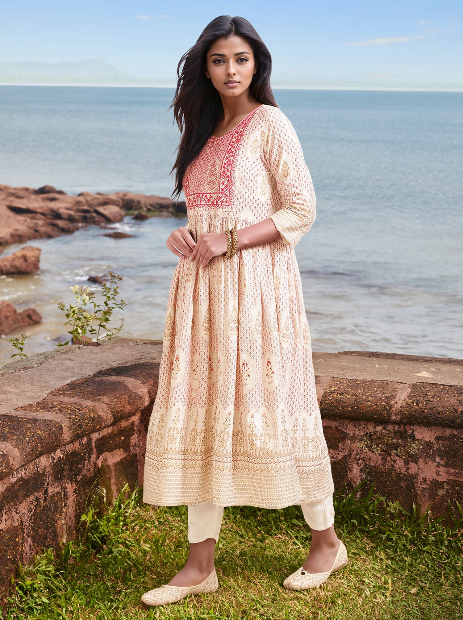 Buy Rayon Embroidered Calf Length Anarkali Kurta-Pink