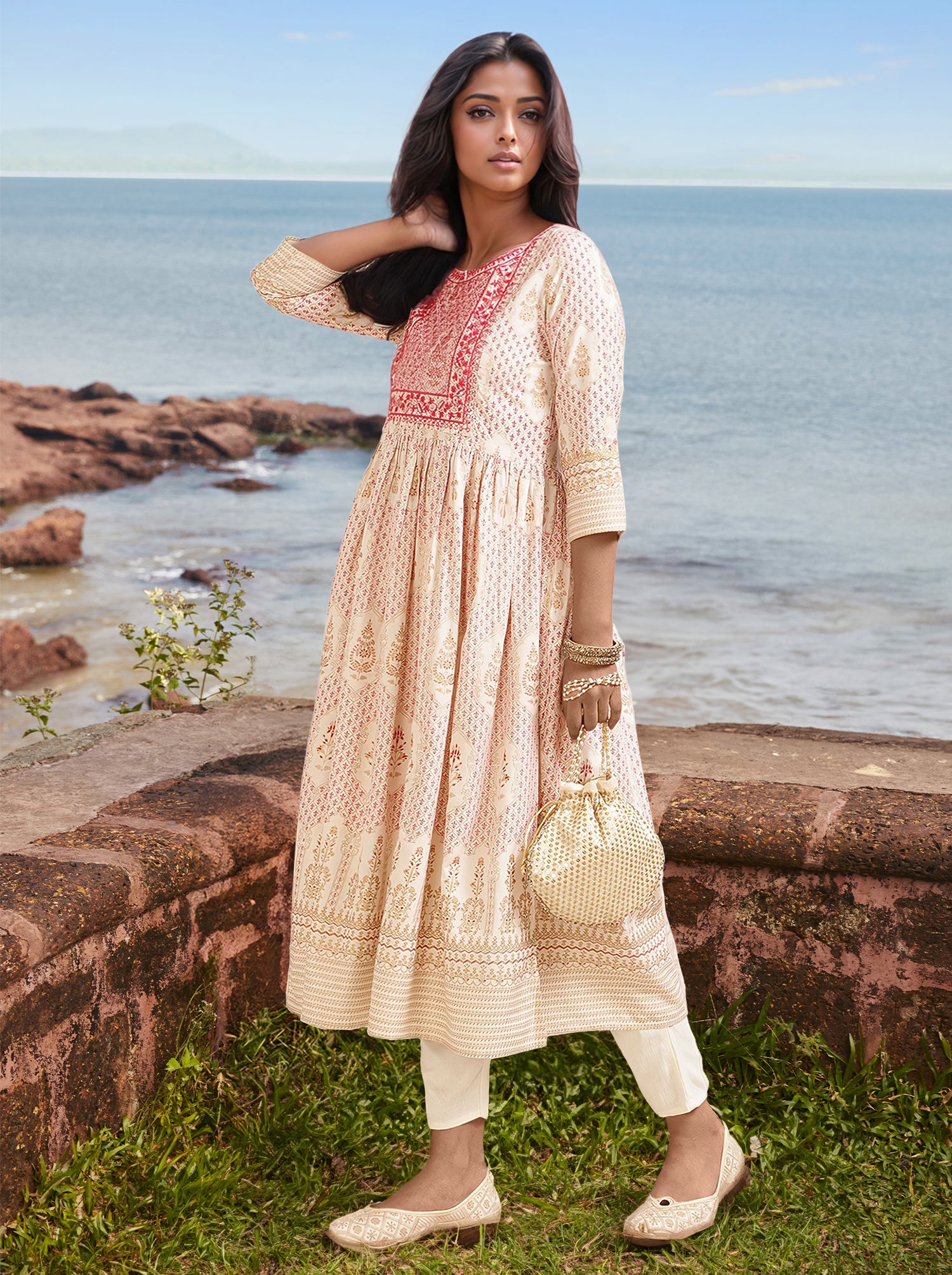 Buy Rayon Embroidered Calf Length Anarkali Kurta-Pink