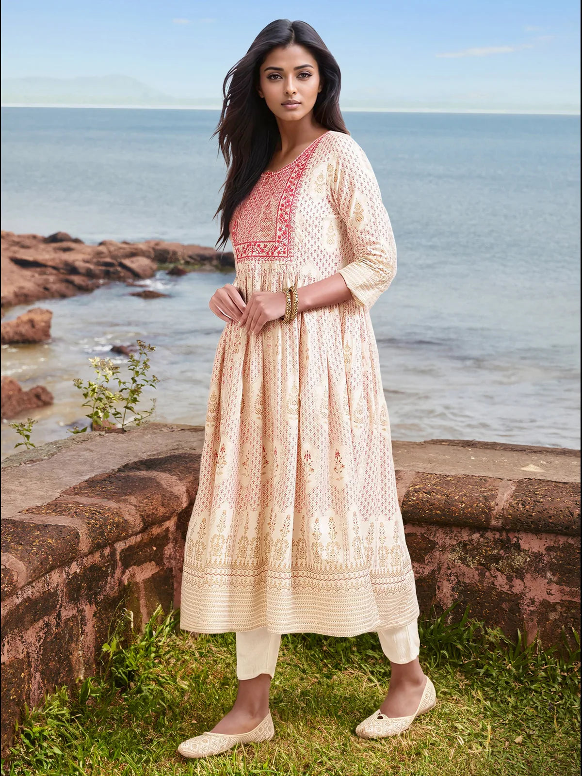 Buy Rayon Embroidered Calf Length Anarkali Kurta-Pink