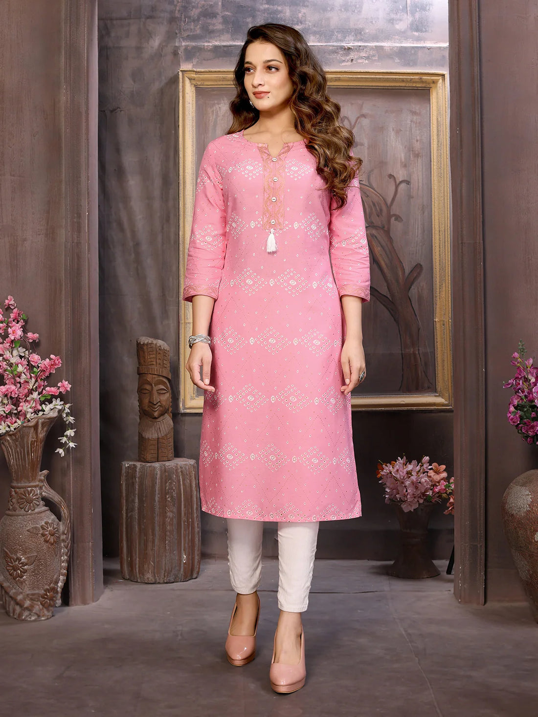 Buy Rayon Printed Calf Length Straight Kurta-Pink