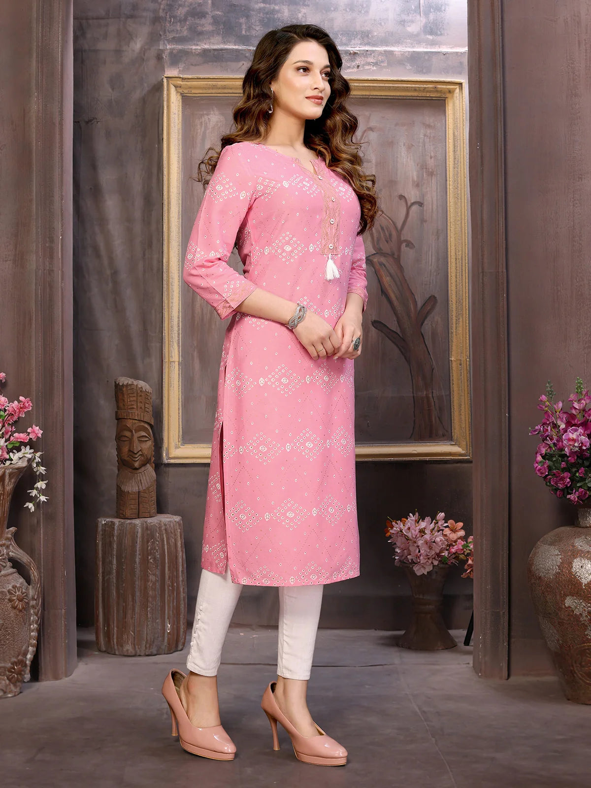 Buy Rayon Printed Calf Length Straight Kurta-Pink