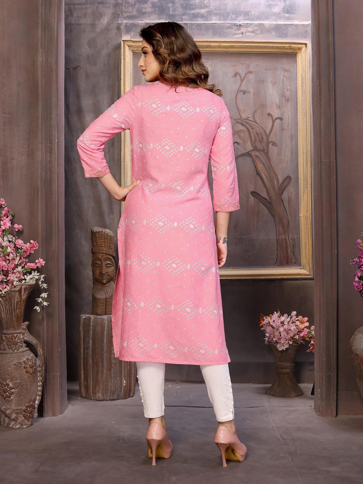 Buy Rayon Printed Calf Length Straight Kurta-Pink