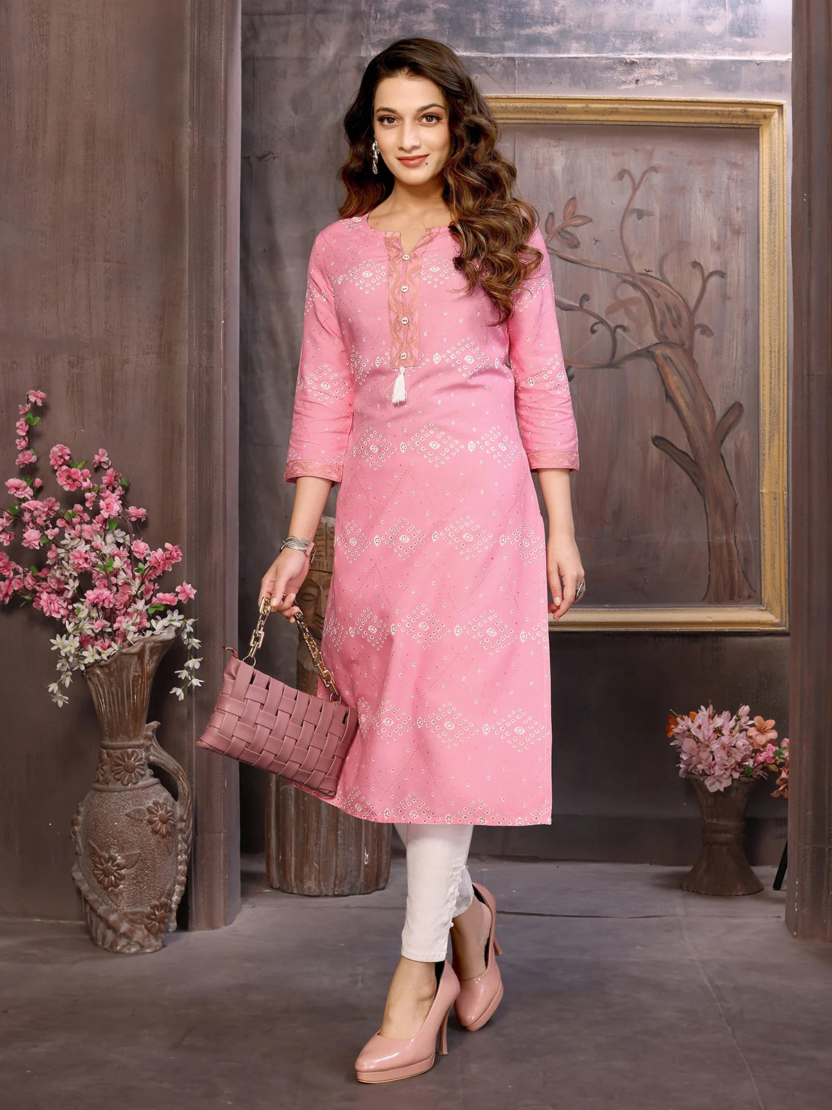 Buy Rayon Printed Calf Length Straight Kurta-Pink