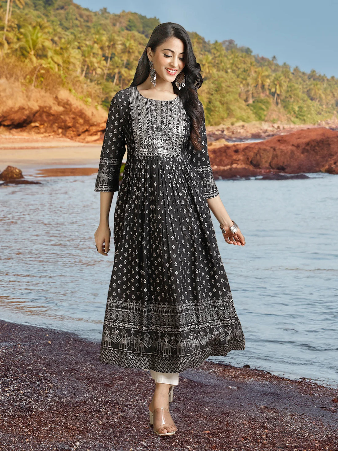 Buy Rayon Yoke Embroidered Ethnic Printed Ankle Length Anarkali Kurta-Black