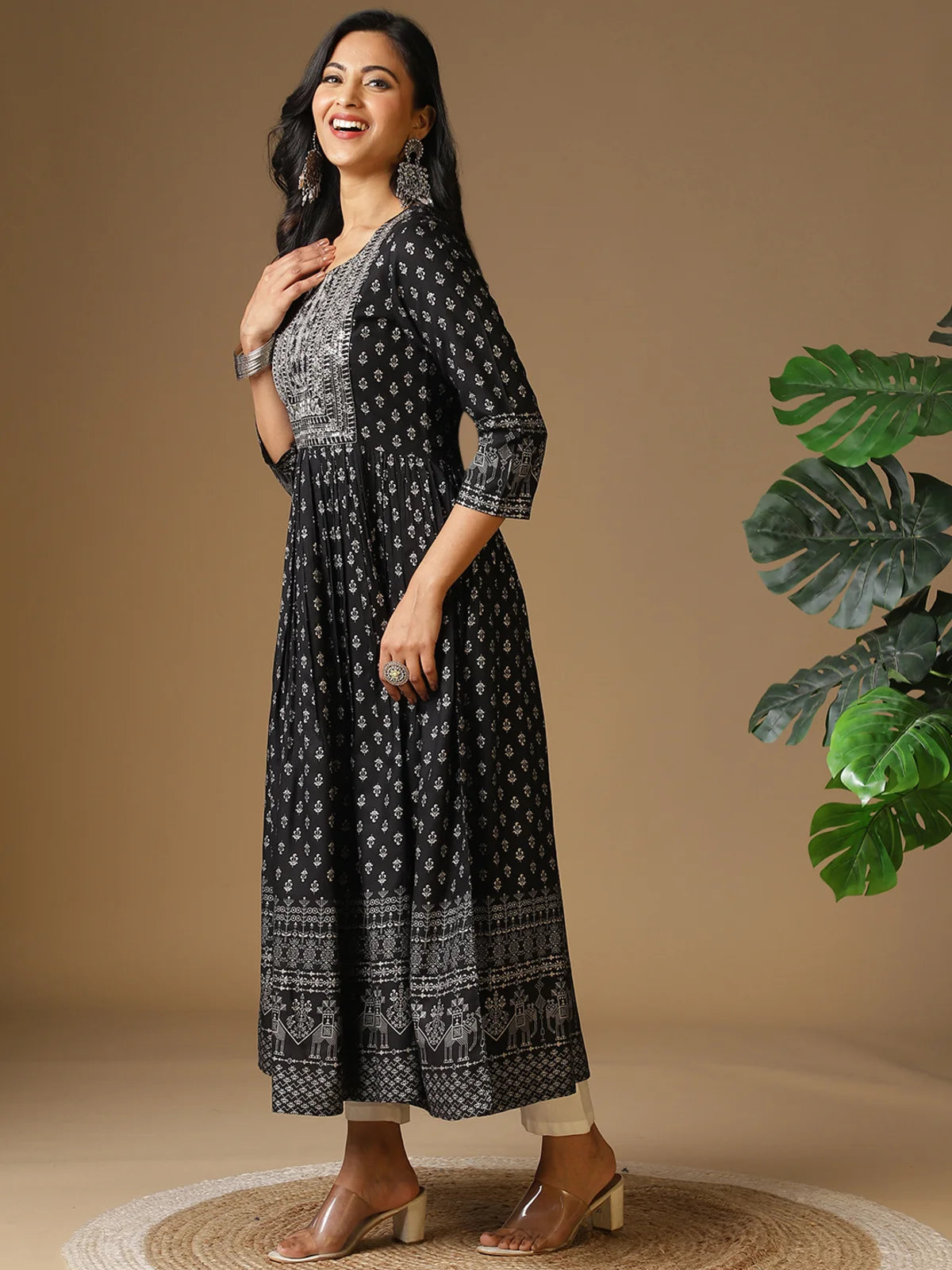 Buy Rayon Yoke Embroidered Ethnic Printed Ankle Length Anarkali Kurta-Black