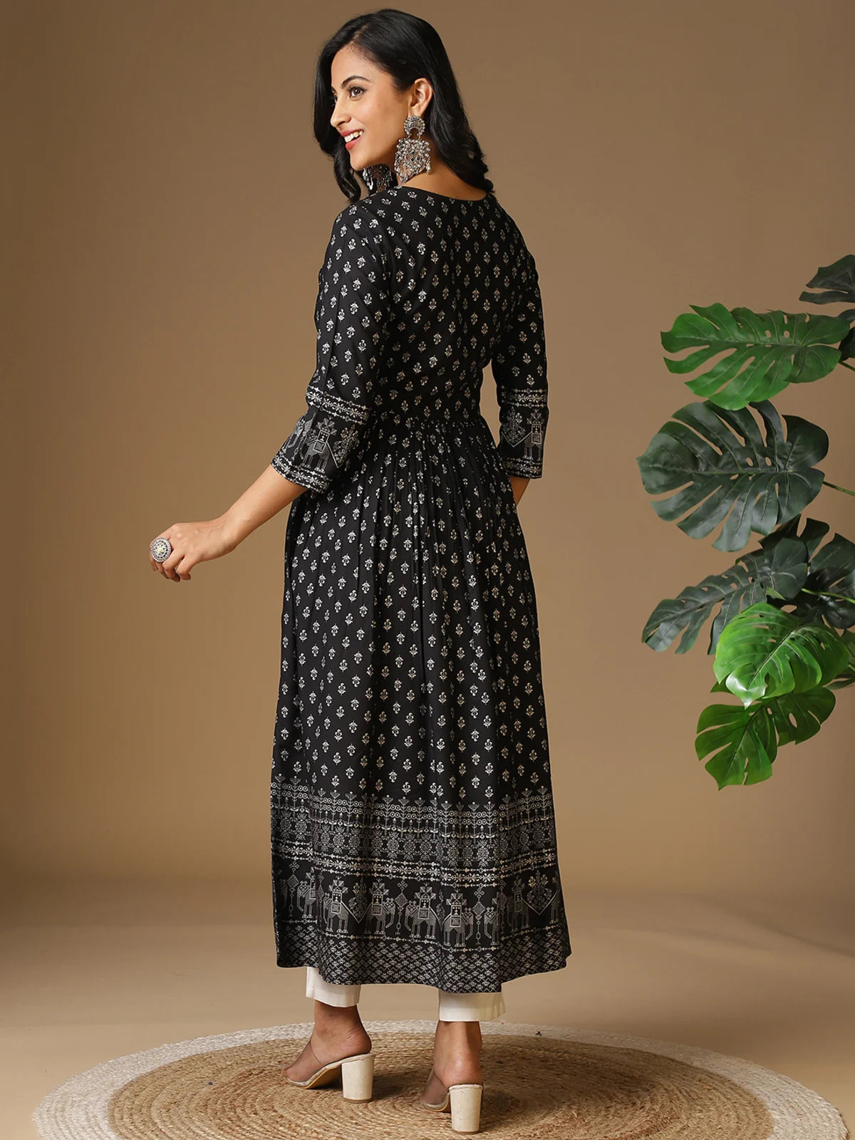 Buy Rayon Yoke Embroidered Ethnic Printed Ankle Length Anarkali Kurta-Black