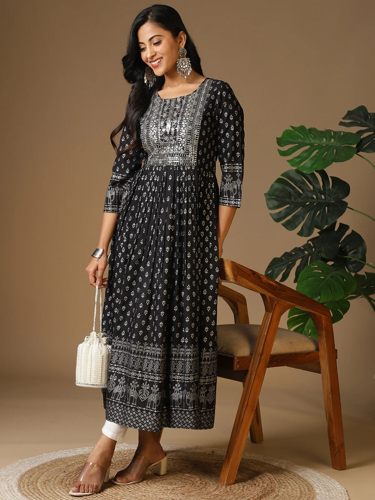 Buy Rayon Yoke Embroidered Ethnic Printed Ankle Length Anarkali Kurta-Black