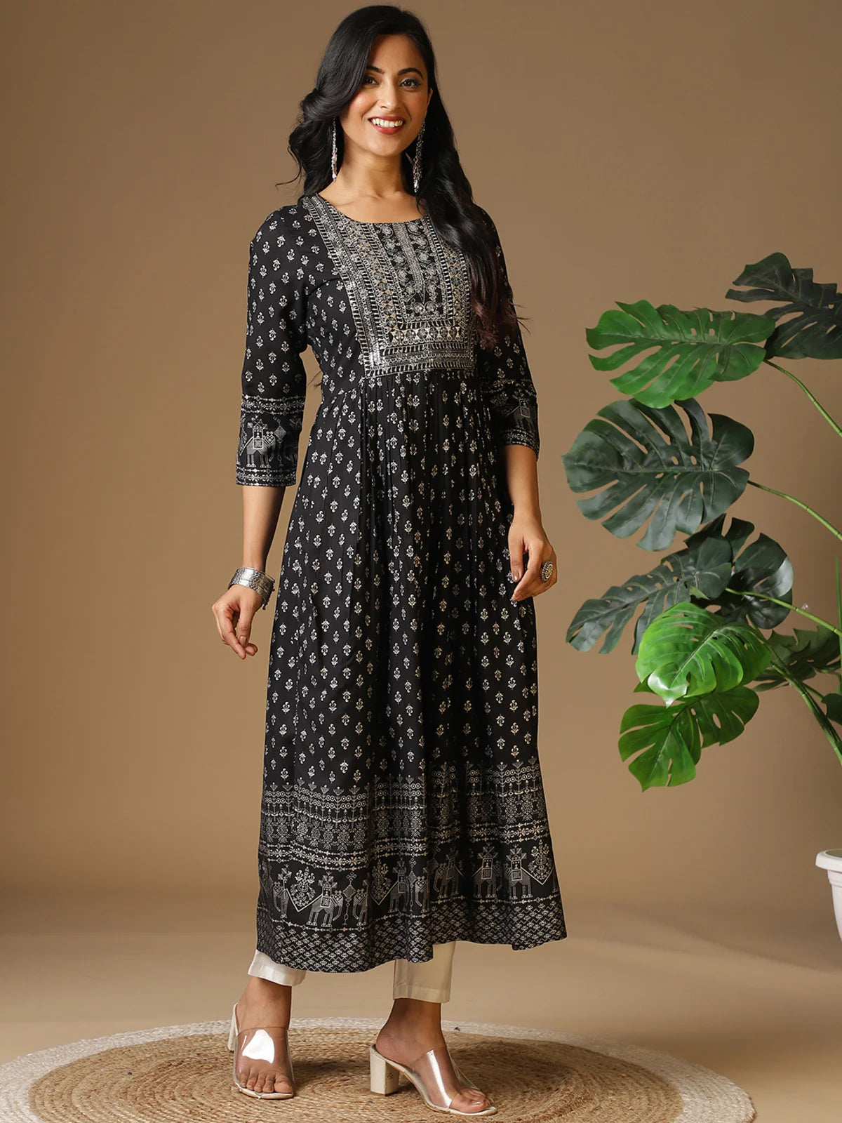 Buy Rayon Yoke Embroidered Ethnic Printed Ankle Length Anarkali Kurta-Black