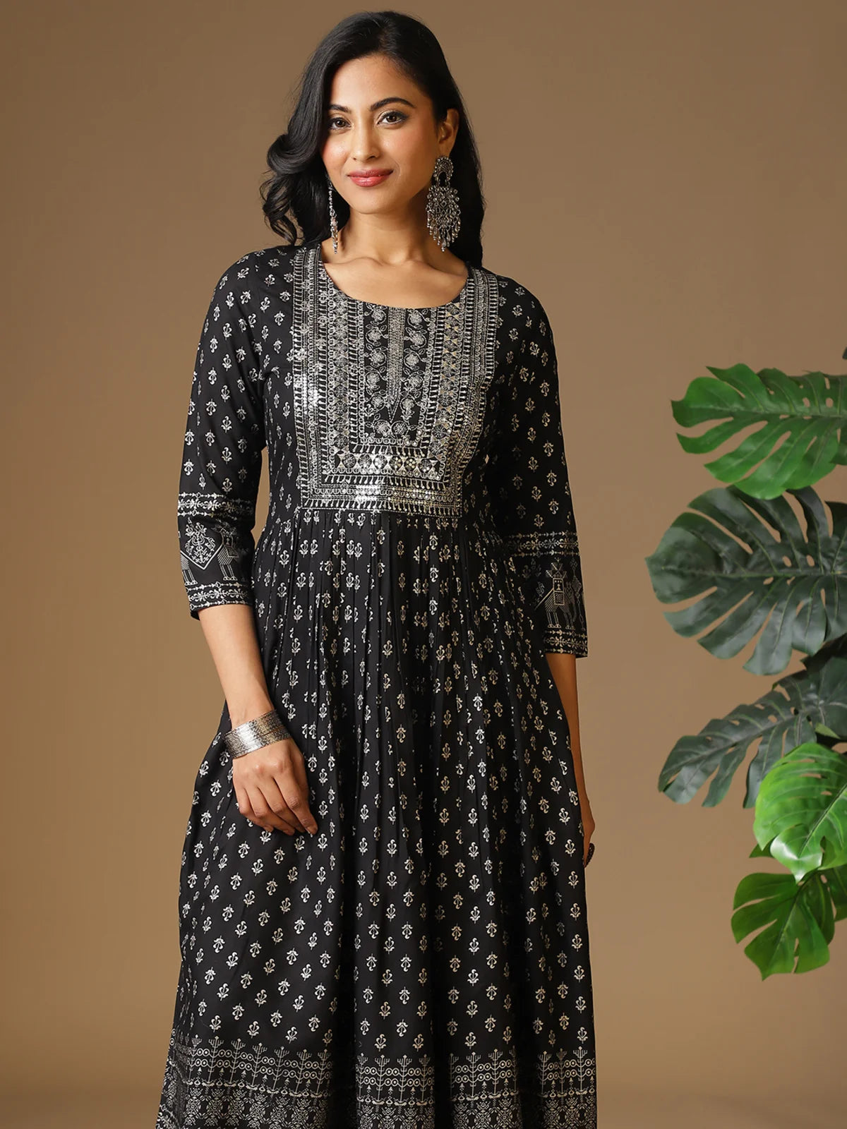 Buy Rayon Yoke Embroidered Ethnic Printed Ankle Length Anarkali Kurta-Black