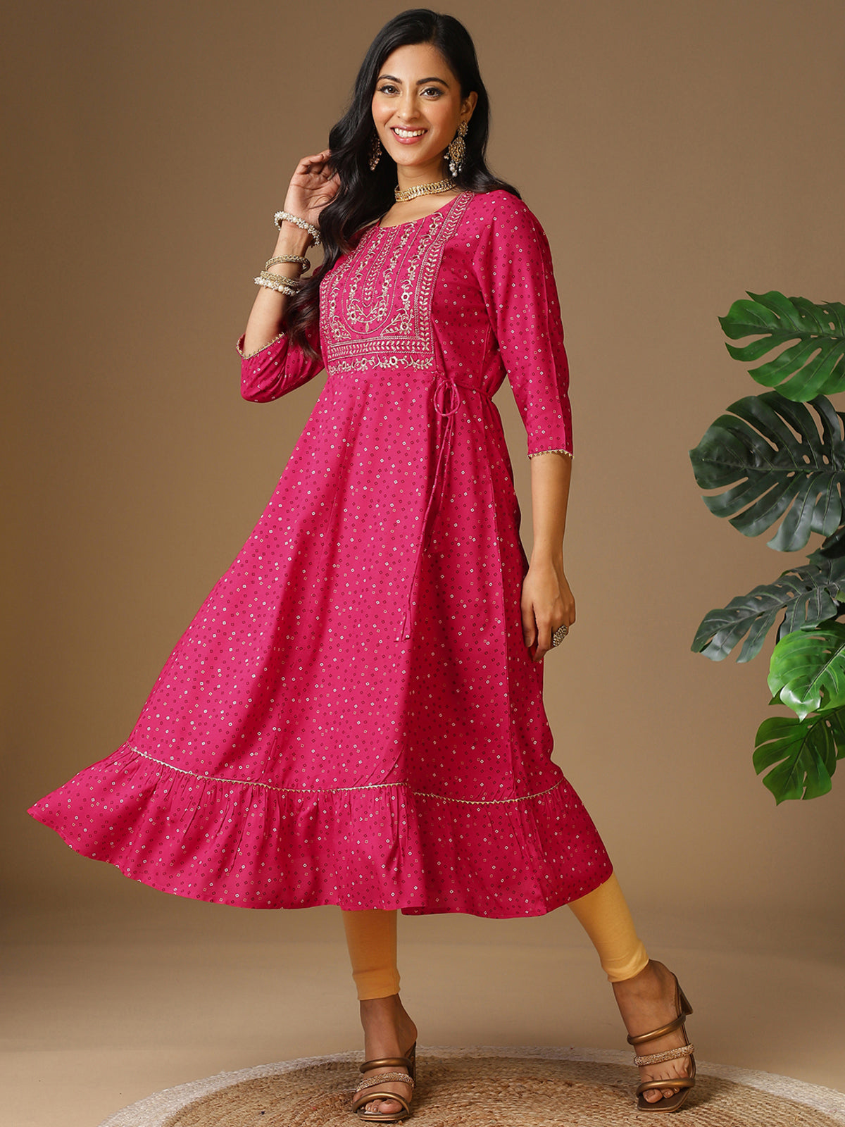 Buy Rayon Yoke Embroidered Ethnic Printed Calf Length Flared Kurta-Pink