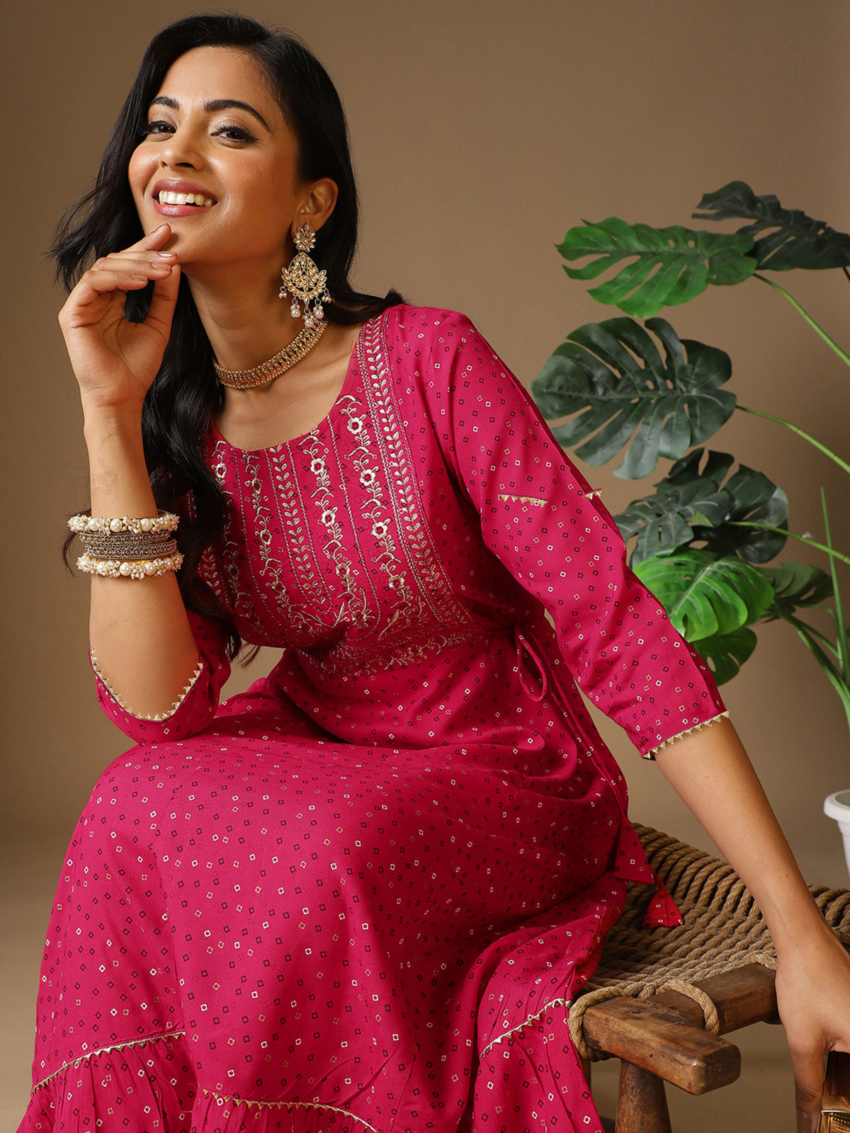 Buy Rayon Yoke Embroidered Ethnic Printed Calf Length Flared Kurta-Pink